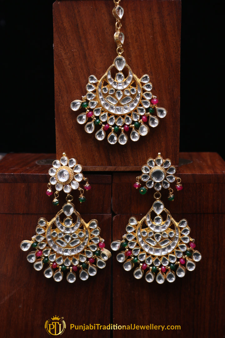 Pink Green Kundan Pearl Earring Tikka Set By Punjabi Traditional Jewellery