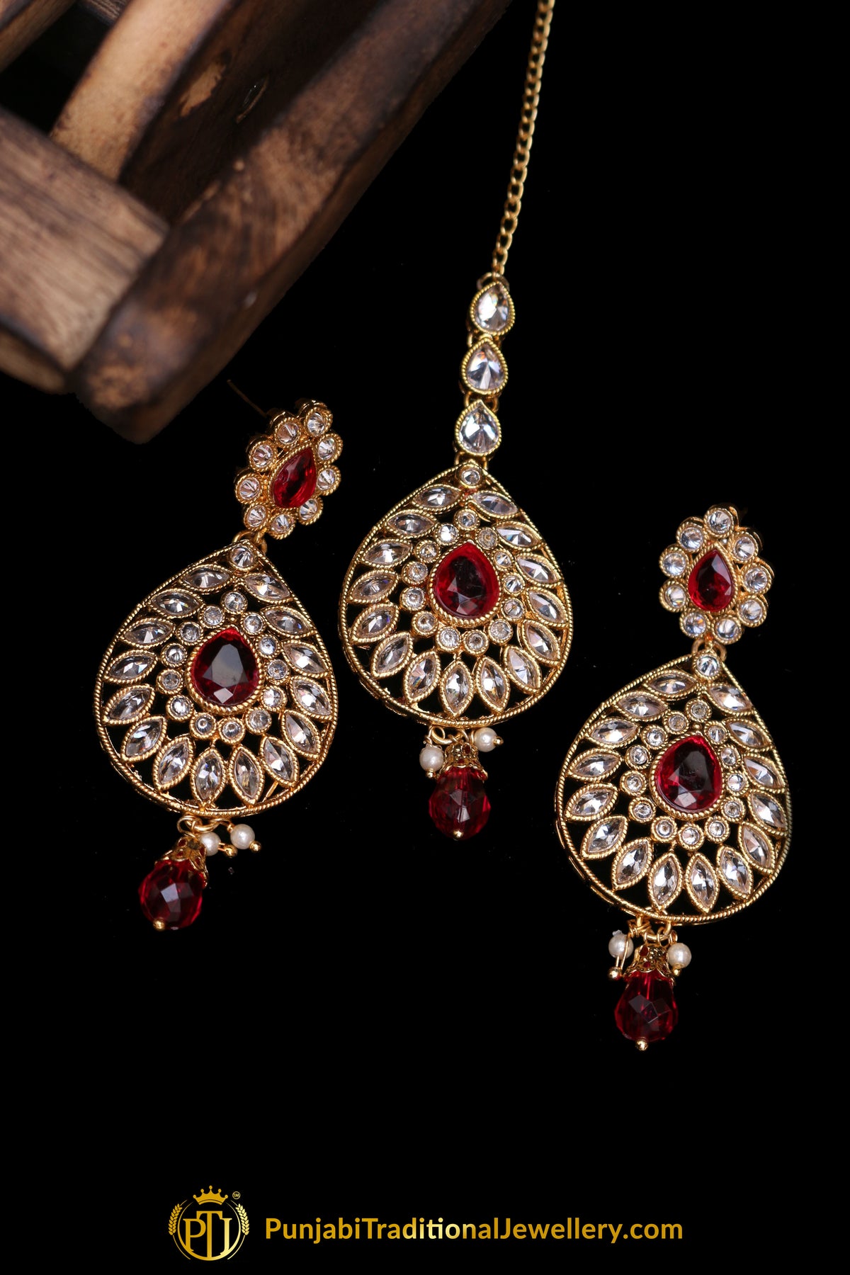Red Polki Earring Tikka Set By Punjabi Traditional Jewellery