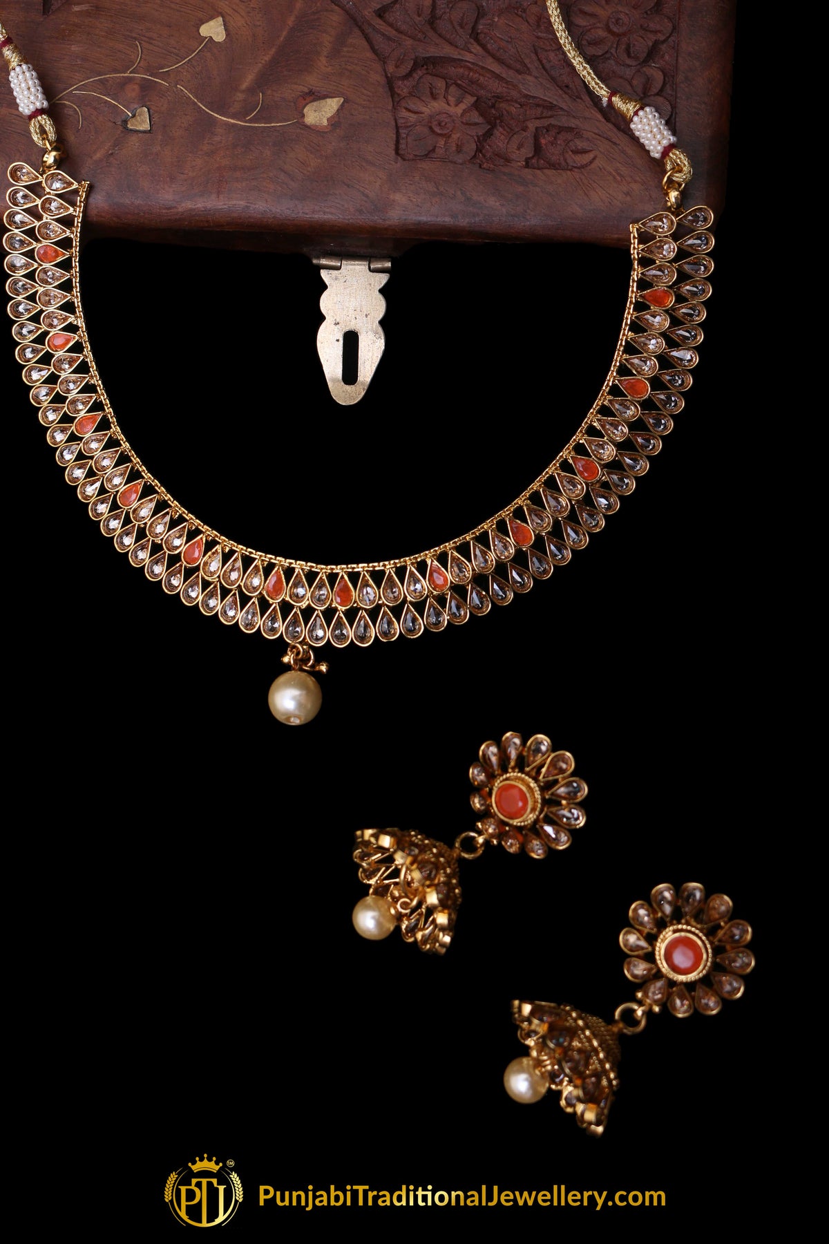 Orange Polki Necklace Set By Punjabi Traditional Jewellery