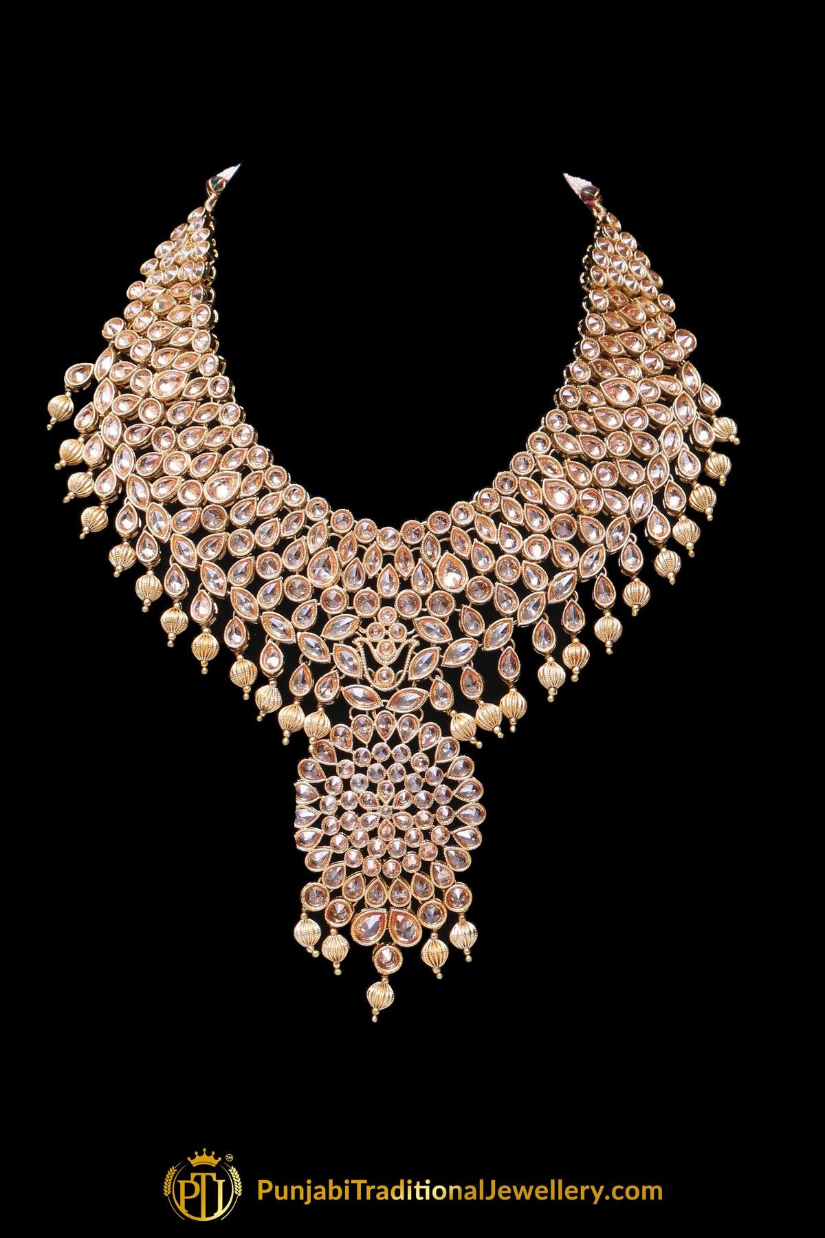 Pearl Champagne Stone Necklace Set By Punjabi Taditional Jewellery