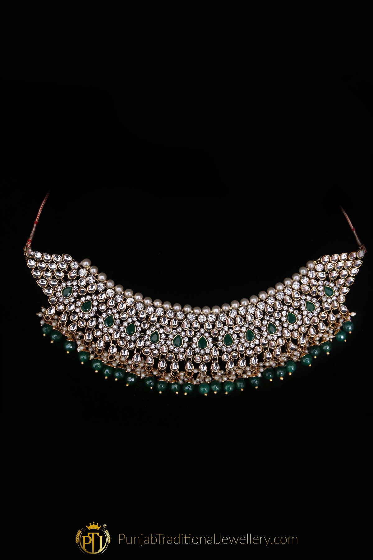 Green Pearl Kundan Choker Necklace Set By Punjabi Traditional Jewellery