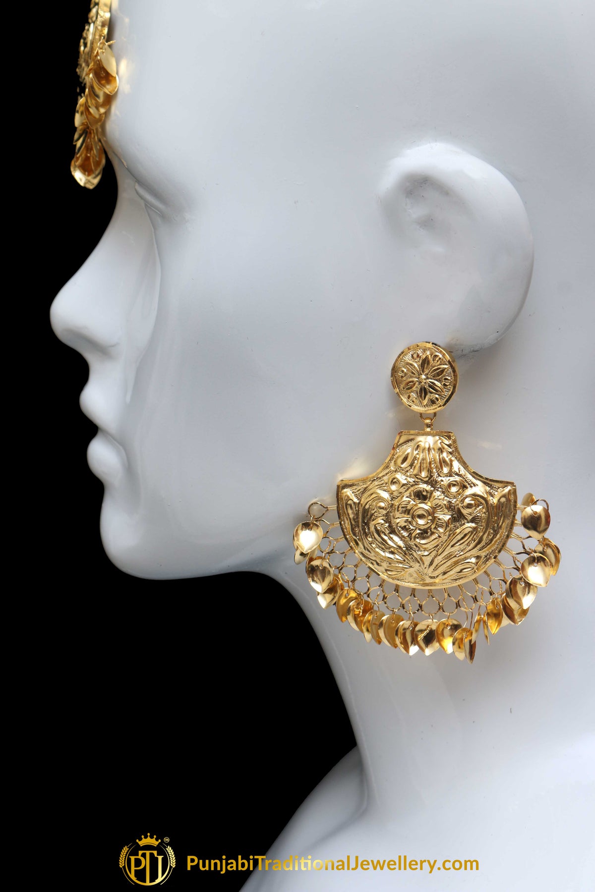 Golden Pippal Patti Earring Tikka Set By Punjabi Traditional Jewellery
