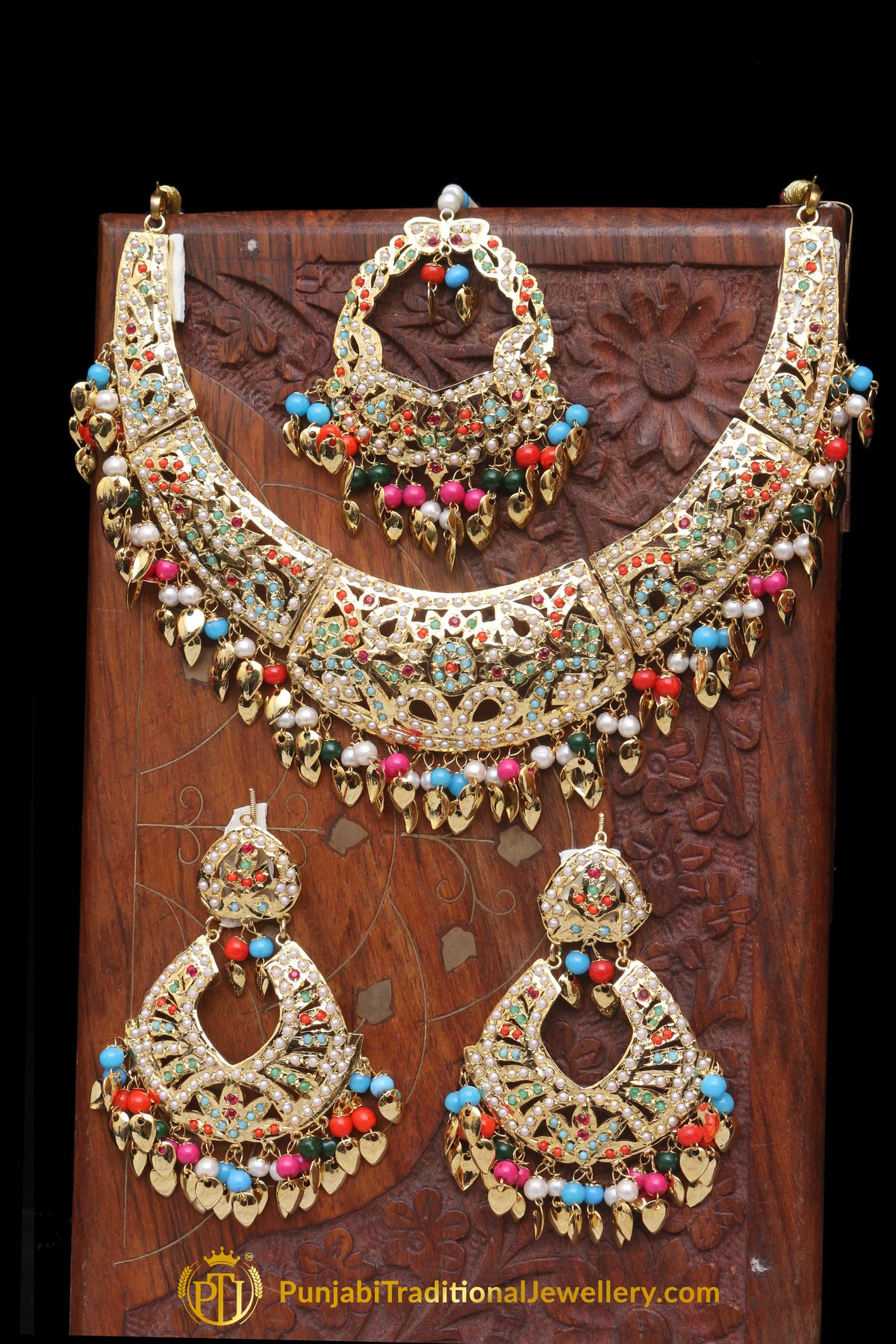 Multi Jadau Pippal Patti Necklace Set By Punjabi Traditional Jewellery