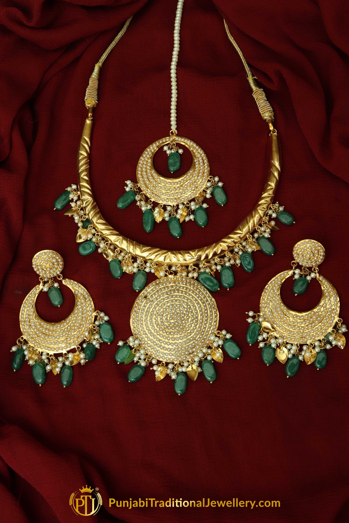 Hareem Gold Finished Emerald Hasli Necklace, Tikka & Earrings | Punjabi Traditional Jewellery Exclusive