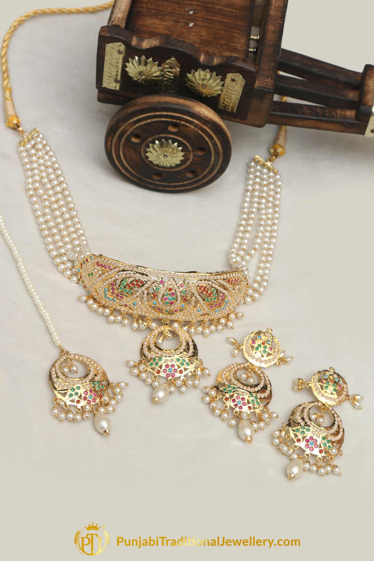 Jadau Multi Pearl Choker Necklace Set By Punjabi Traditional Jewellery