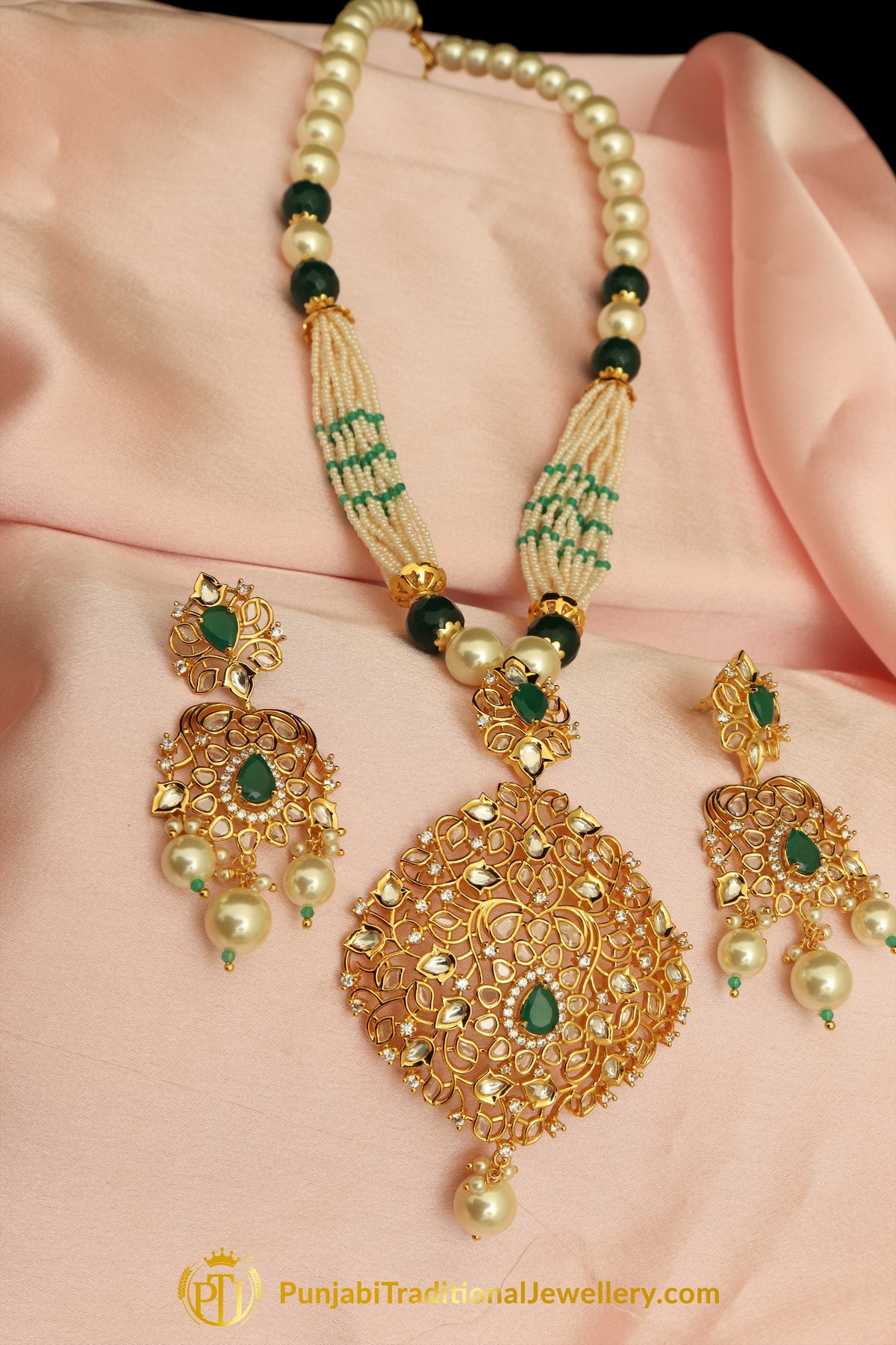 Green Pearl Kundan Matt Gold Necklace Set By Punjabi Taditional Jewellery