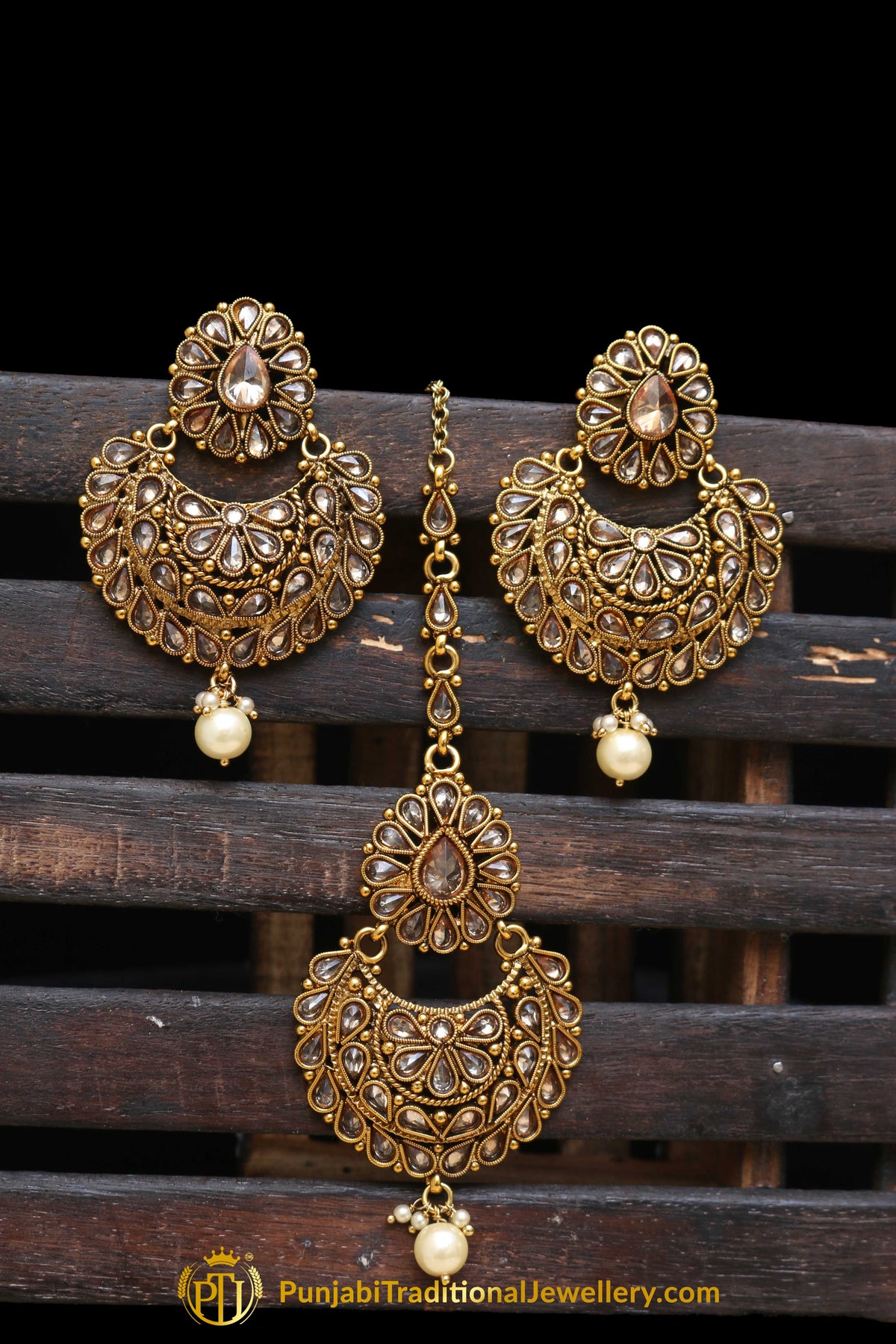 Champagne Stone Pearl Earring Tikka Set By Punjabi Traditional Jewellery