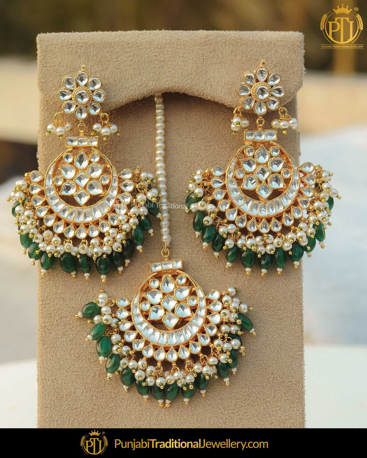 Gold Finished Green Kundan Earrring Tikka Set | Punjabi Traditional Jewellery Exclusive