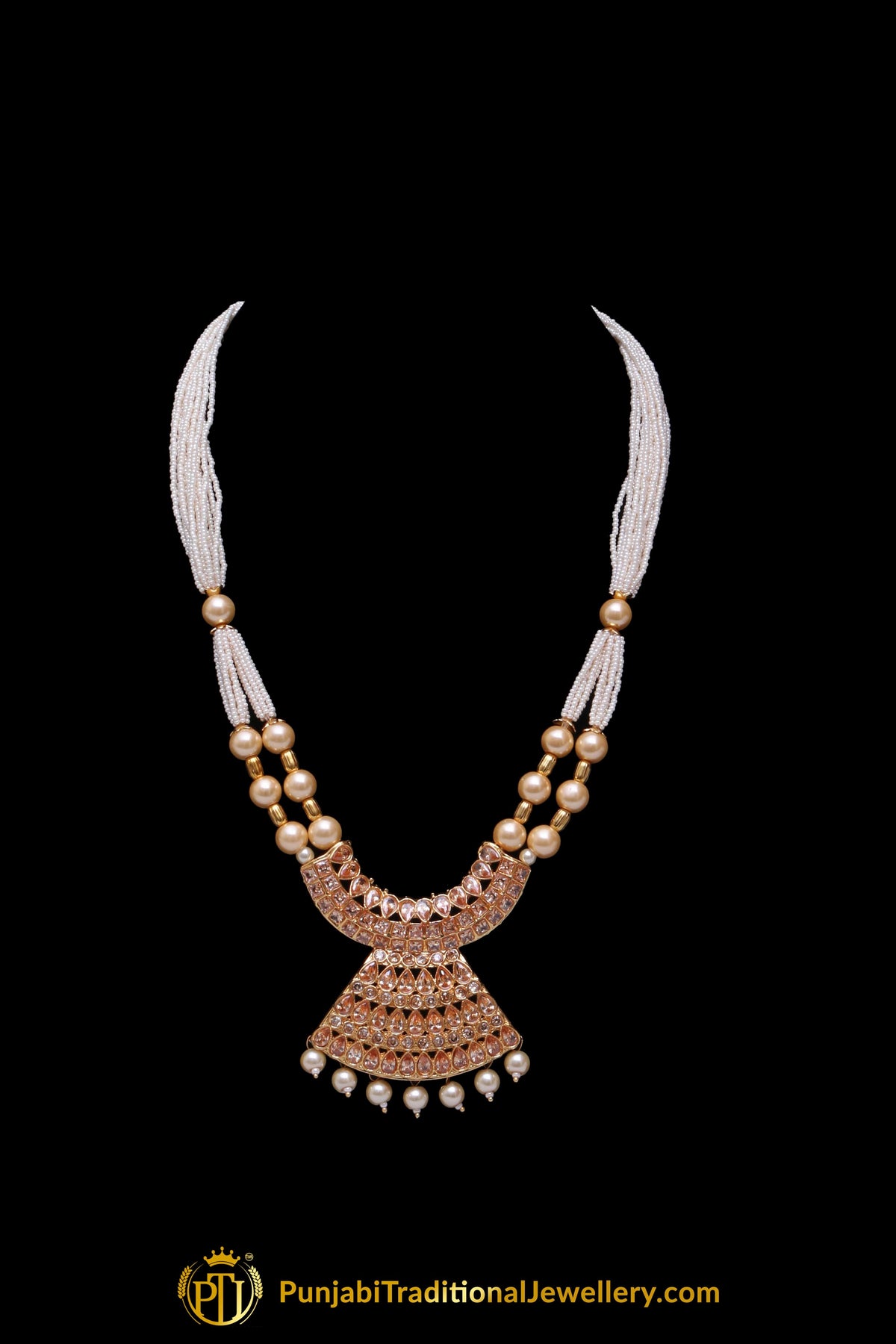 Pearl Champagne Stone Necklace Set By Punjabi Taditional Jewellery