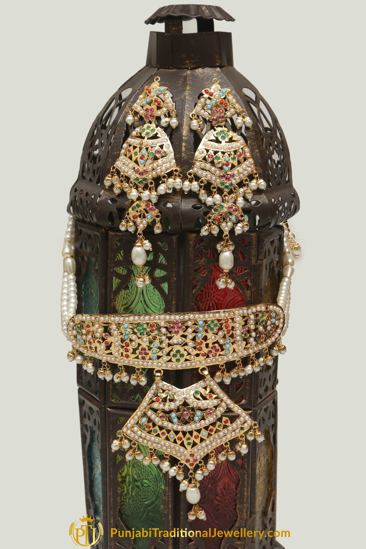 Jadau Multi Pearl Choker Necklace Set By Punjabi Traditional Jewellery