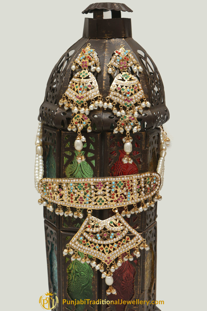 Jadau Multi Pearl Choker Necklace Set By Punjabi Traditional Jewellery