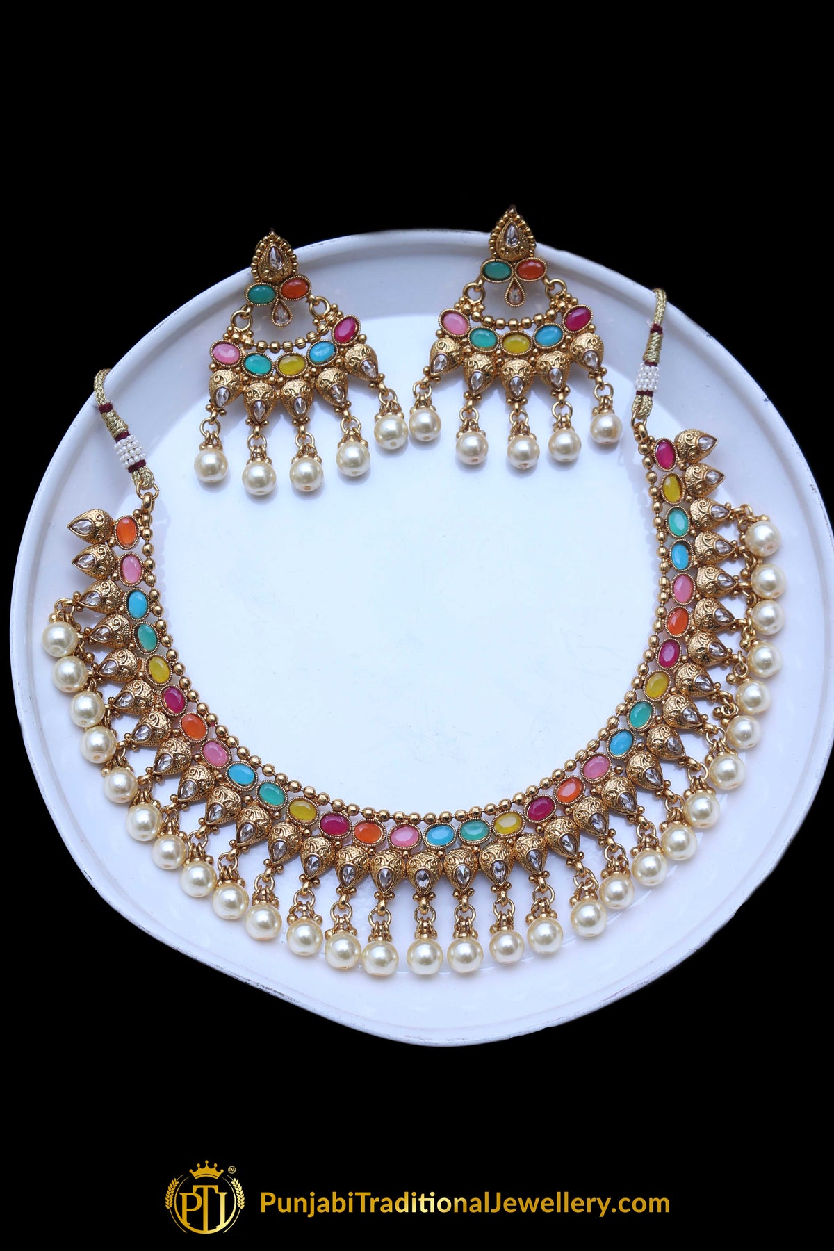 Multi White Pearl Polki Necklace Set By Punjabi Taditional Jewellery