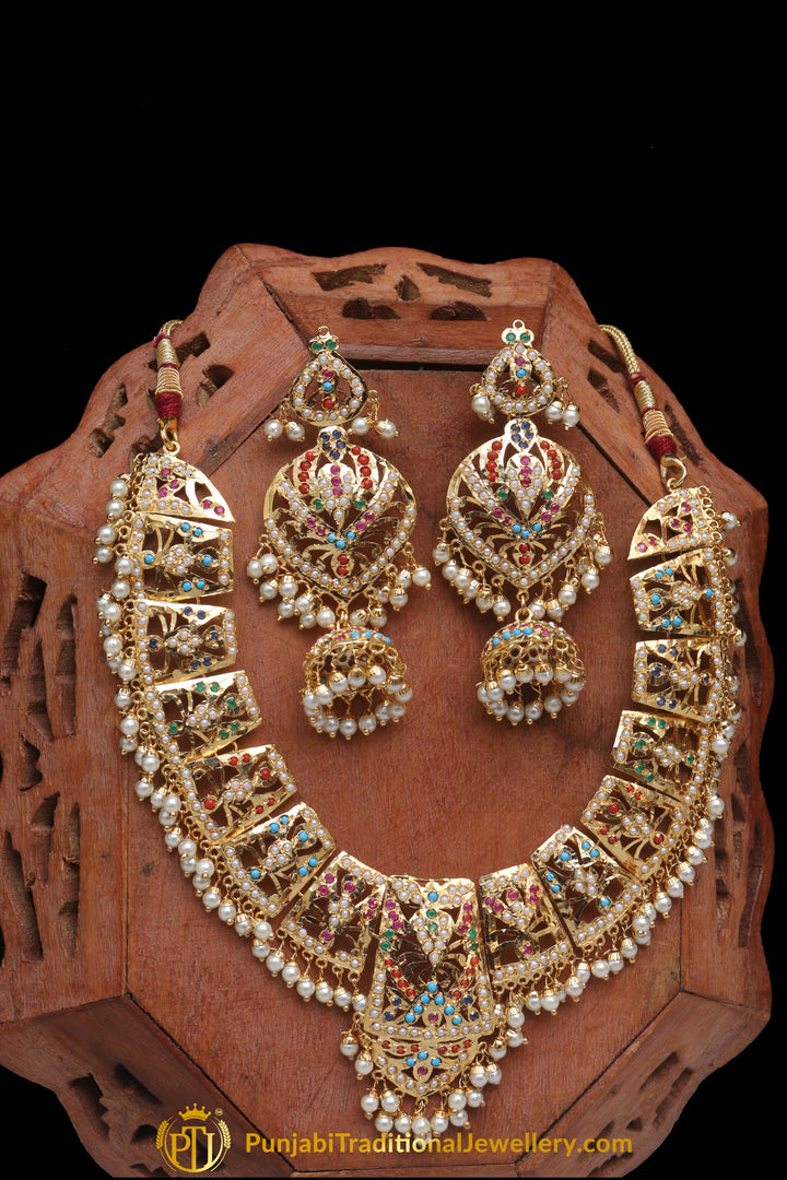 Multi Jadau Pearl Necklace Set By Punjabi Traditional Jewellery