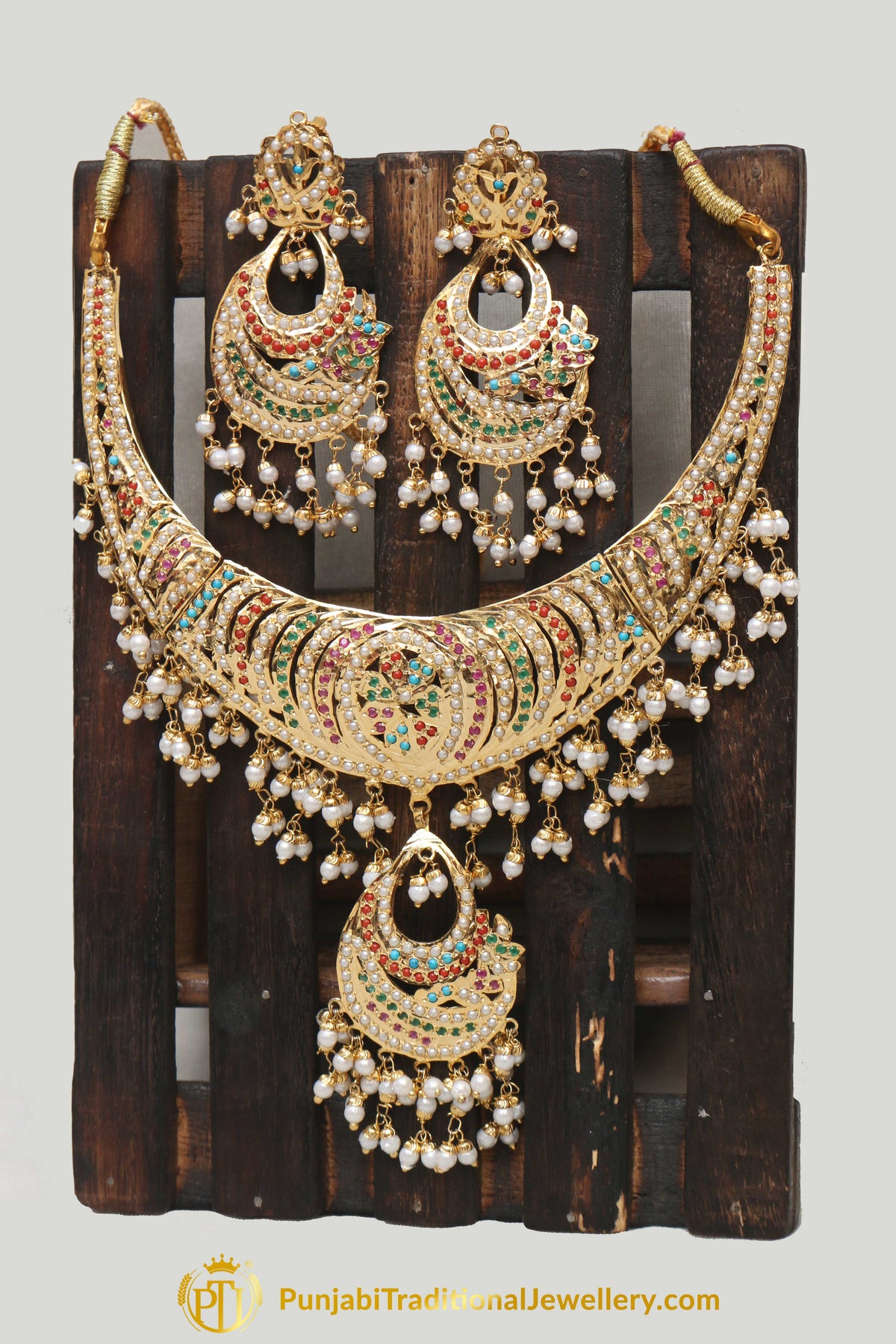 Multi Jadau Pearl Necklace Set By Punjabi Traditional Jewellery