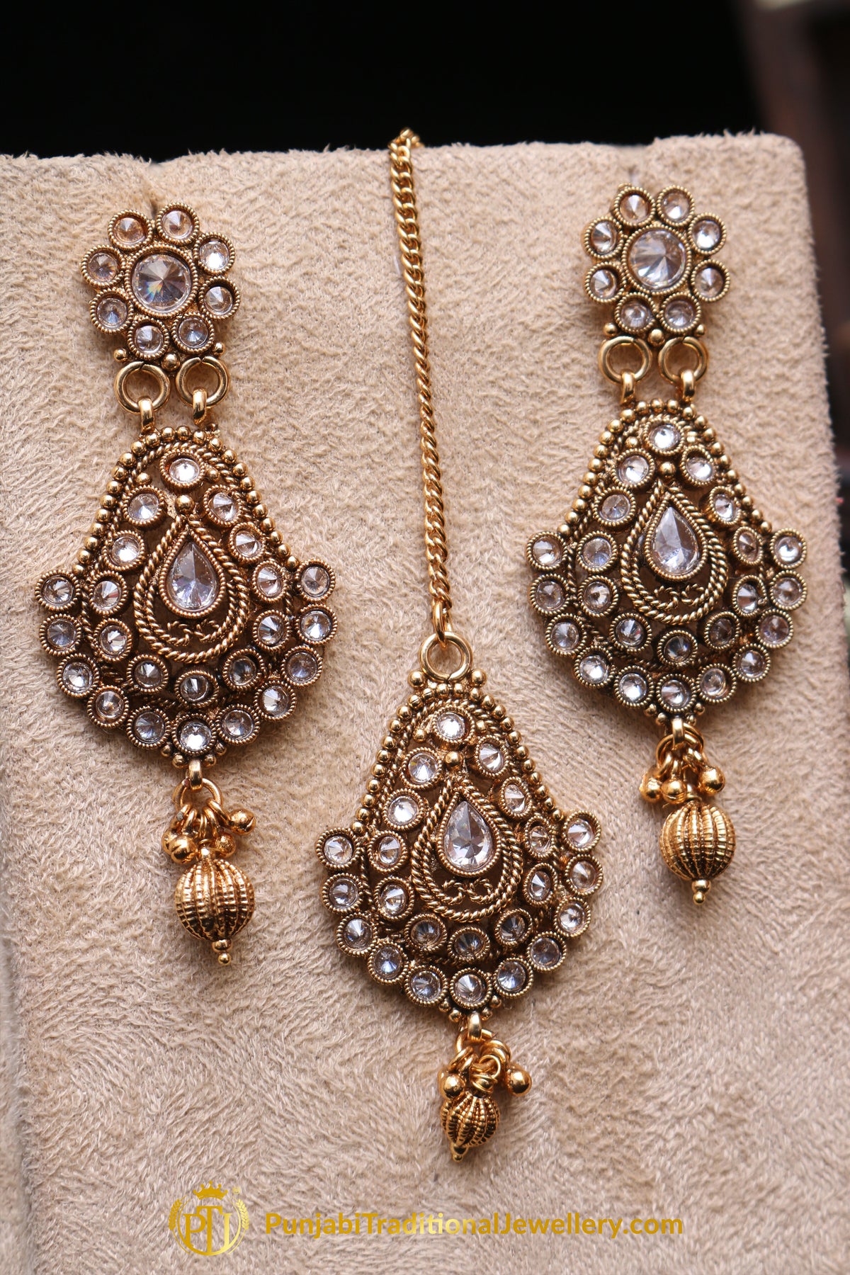 Golden Polki Earring Tikka Set By Punjabi Traditional Jewellery