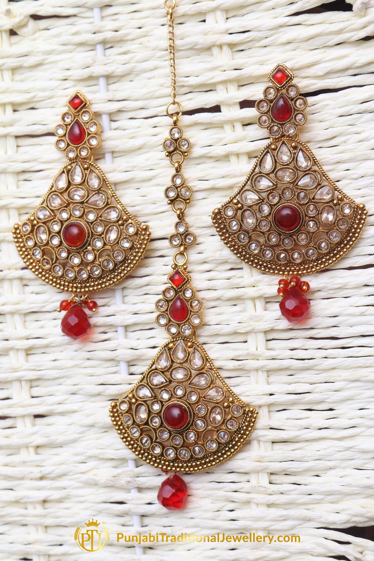 Red Polki Earring Tikka Set By Punjabi Traditional Jewellery