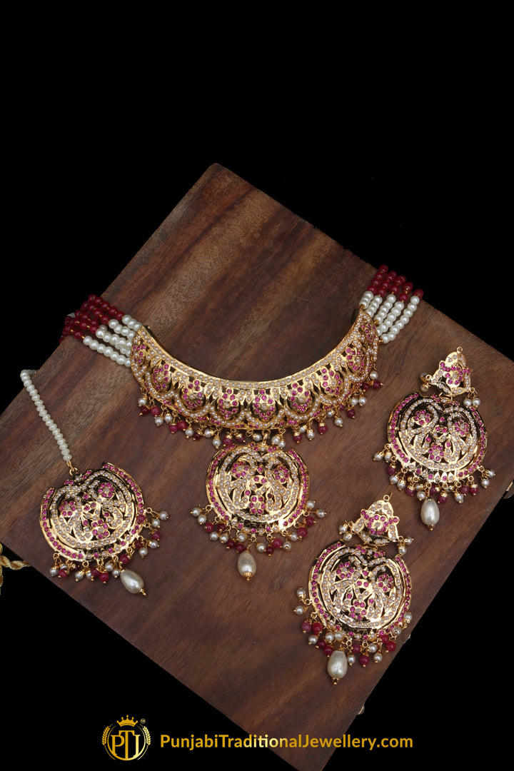Golden Pink Pearl Jadau Choker Necklace Set By Punjabi Traditional Jewellery