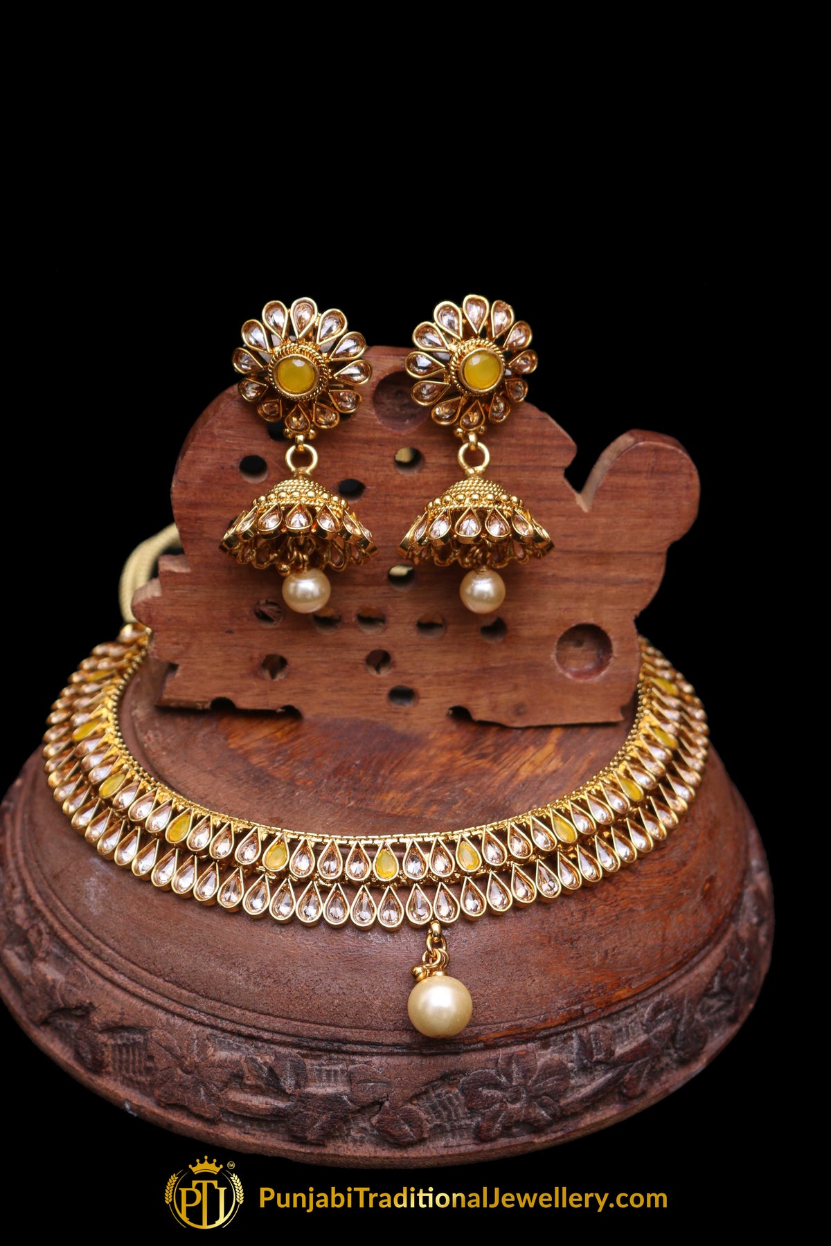Yellow Polki Necklace Set By Punjabi Traditional Jewellery