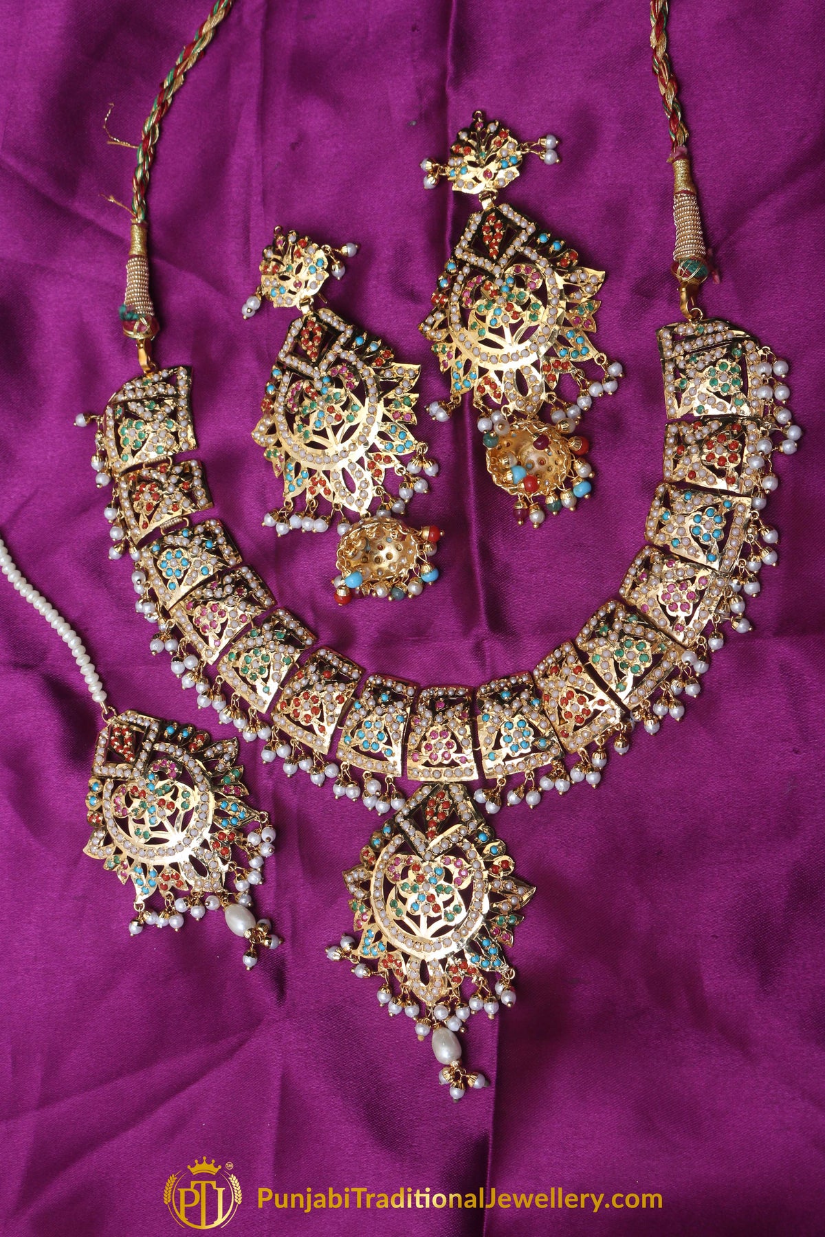 Multi Jadau Pearl Necklace Set By Punjabi Traditional Jewellery
