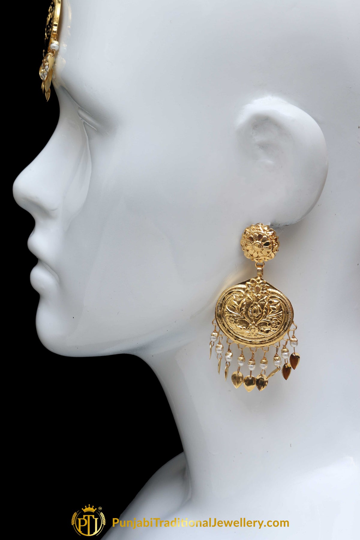 Golden Pippal Patti Earring Tikka Set By Punjabi Traditional Jewellery