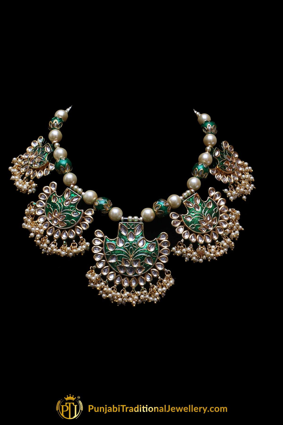 Green Kundan Mala Meena Necklace Set By Punjabi Traditional Jewellery