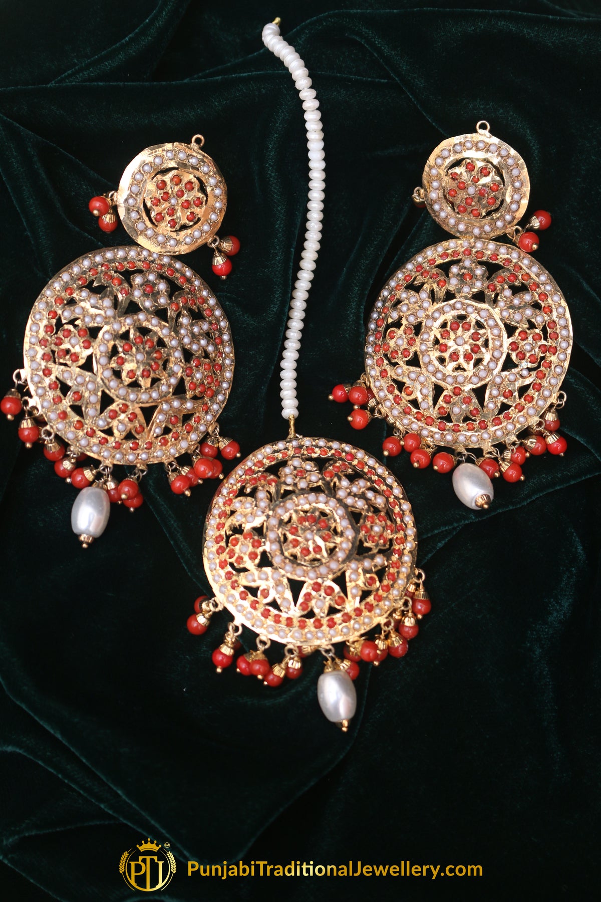 Red Jadau Pearl Earring Tikka Set By Punjabi Traditional Jewellery