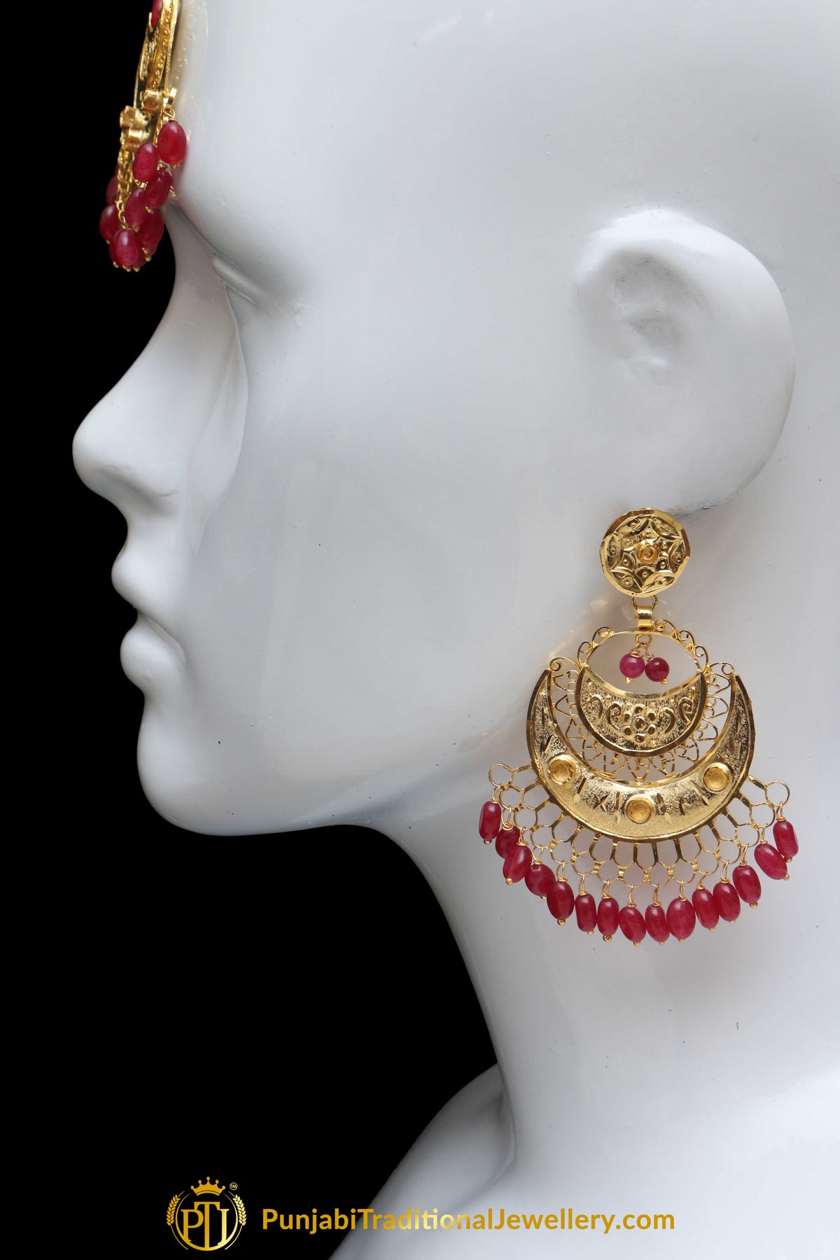 Red Gold Plated Earring Tikka Set By Punjabi Traditional Jewellery