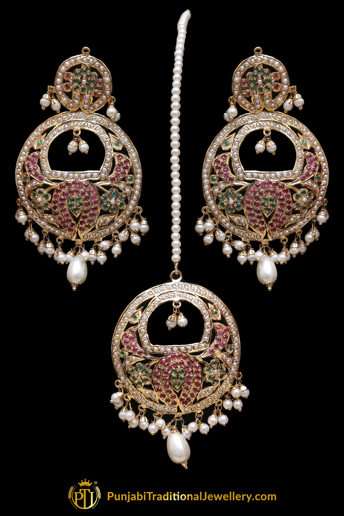 Multi Jadau Pearl Earring Tikka Set By Punjabi Traditional Jewellery
