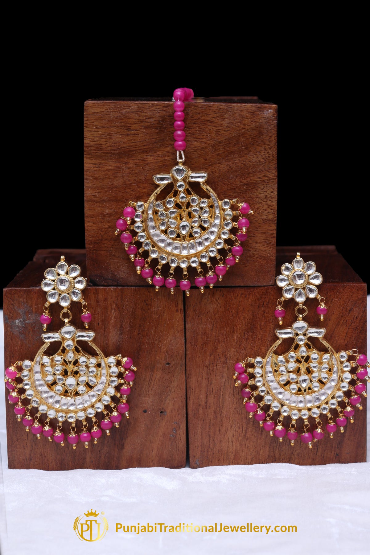 Pink Kundan Pearl Earring Tikka Set By Punjabi Traditional Jewellery
