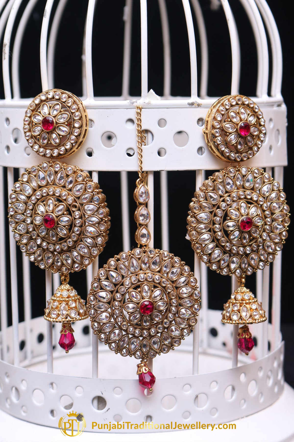 Red Polki Earring Tikka Set By Punjabi Traditional Jewellery