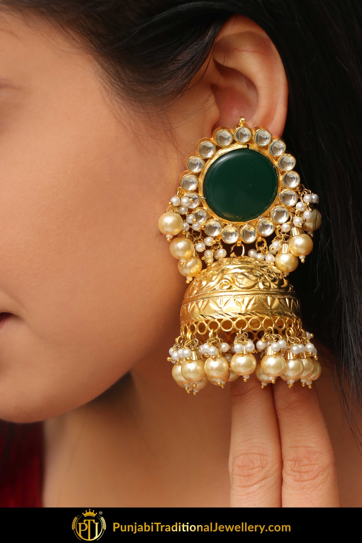 Ranjish Emerald Kundan Earring Tikka Set | Punjabi Traditional Jewellery Exclusive