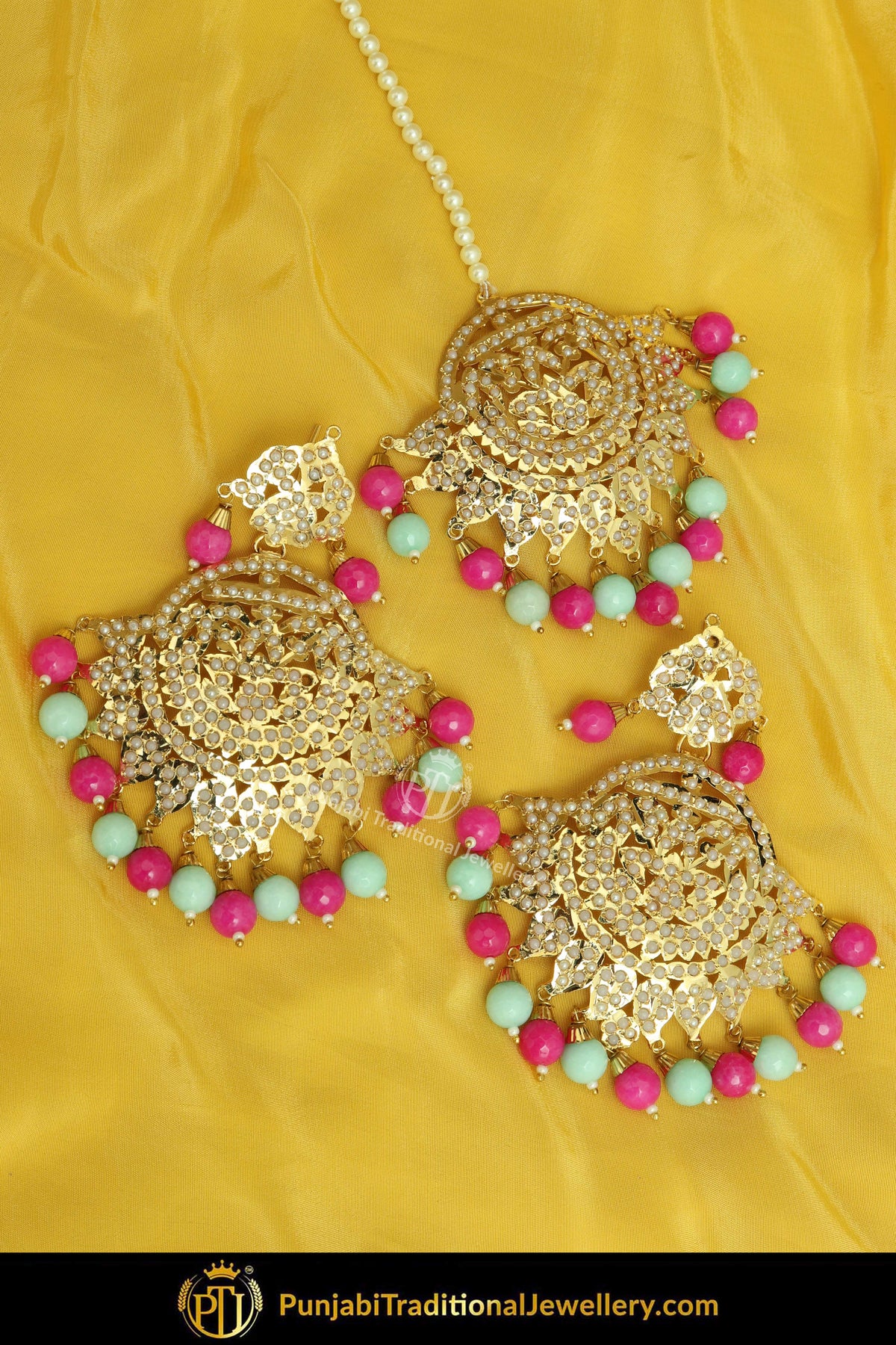 Gold Finished Pink & Firozi Jadau Pearl Earring Tikka Set | Punjabi Traditional Jewellery Exclusive