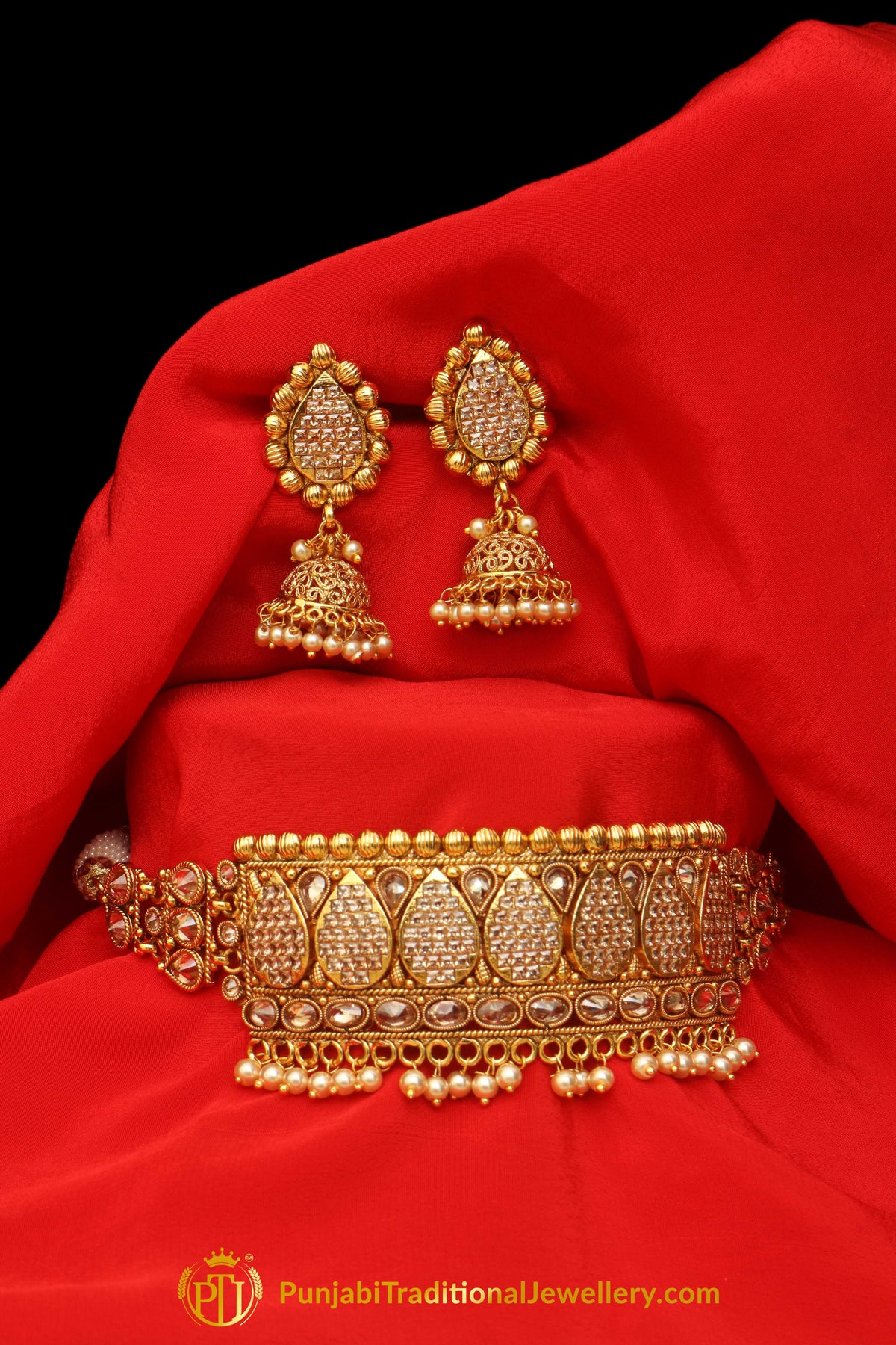 Pearl Champagne Stone Jhumki Necklace Set By Punjabi Taditional Jewellery
