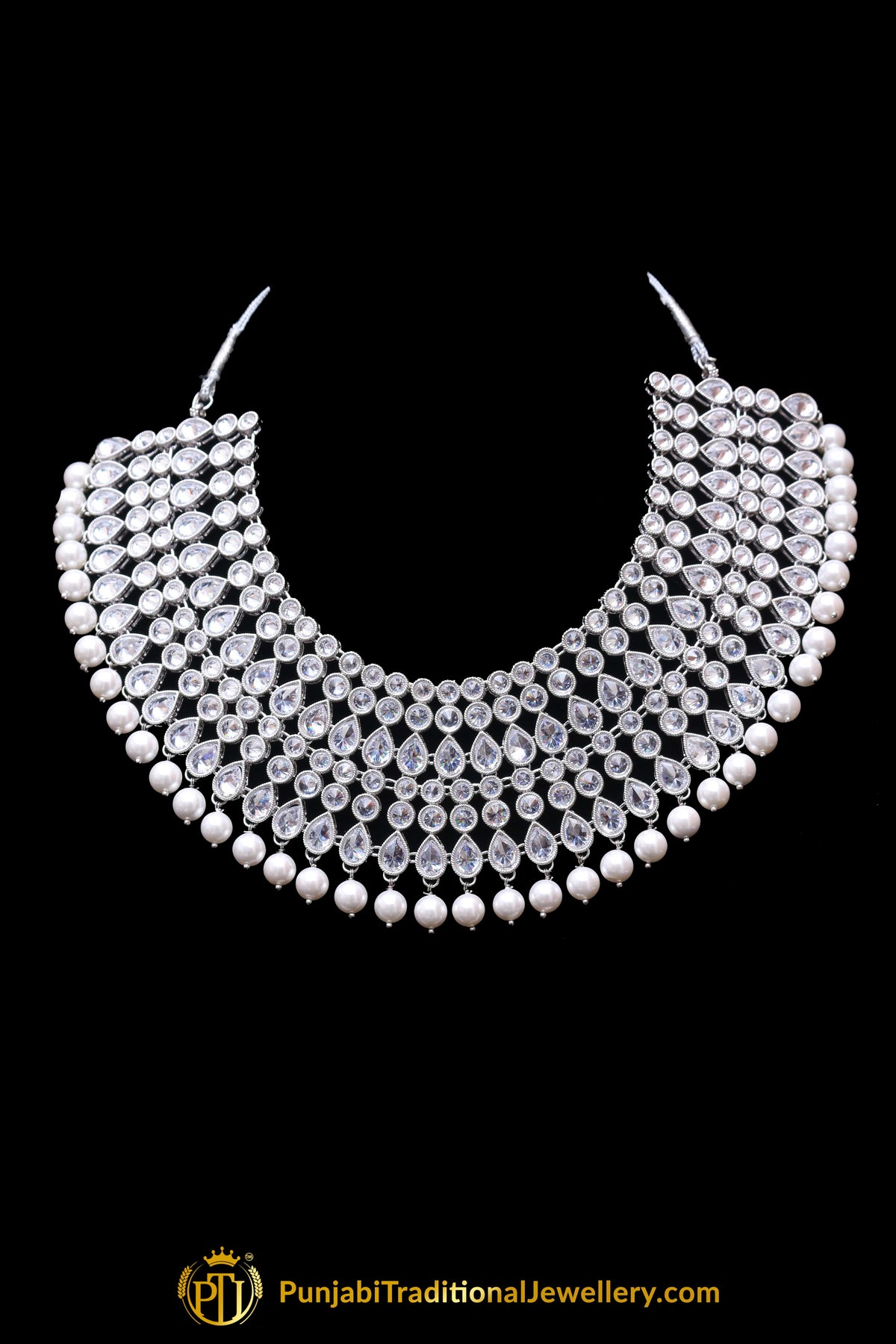 Silver Polki Pearl Necklace Set By Punjabi Traditional Jewellery