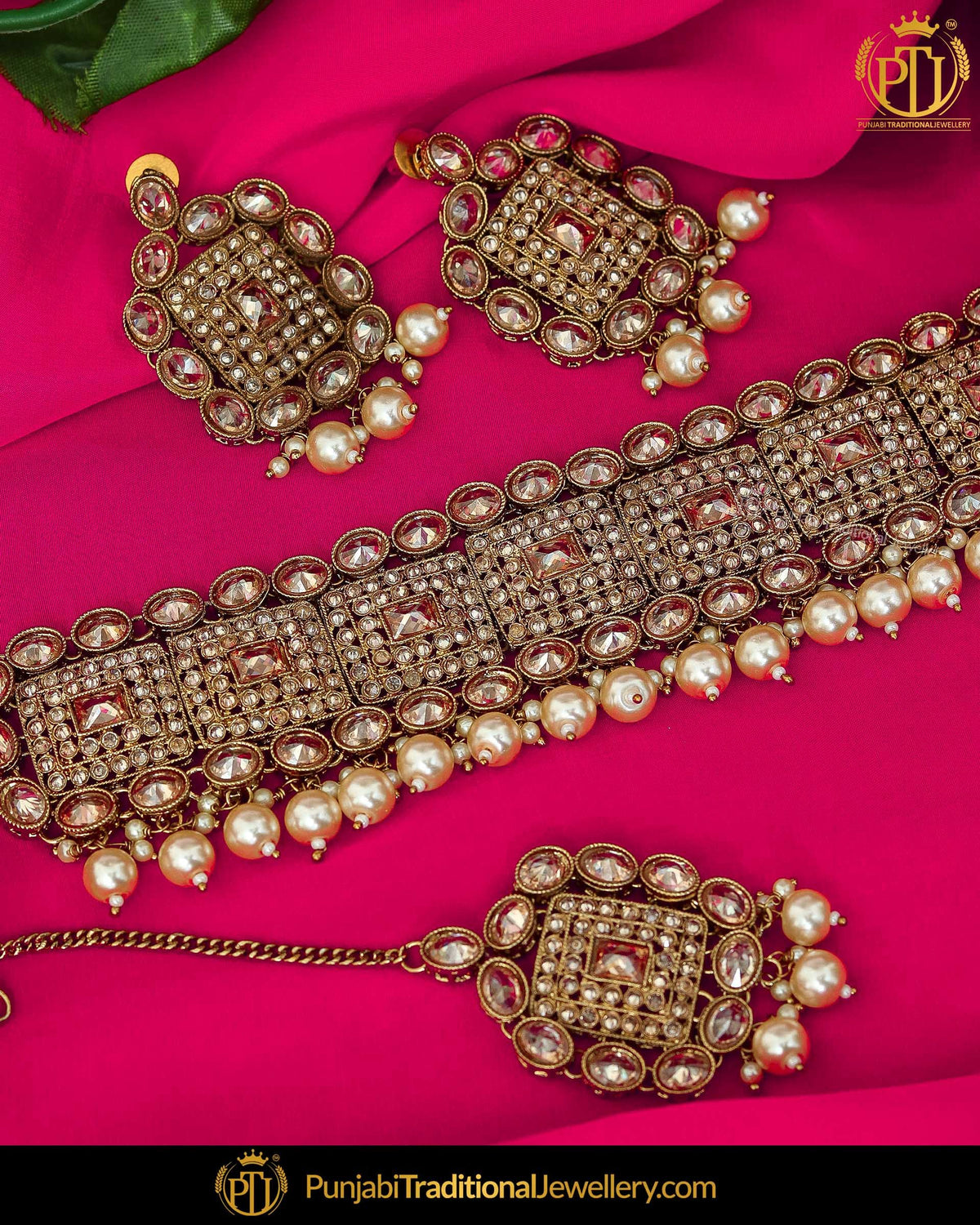 Gold Finished Champange Stone Choker Necklace Set | Punjabi Traditional Jewellery Exclusive