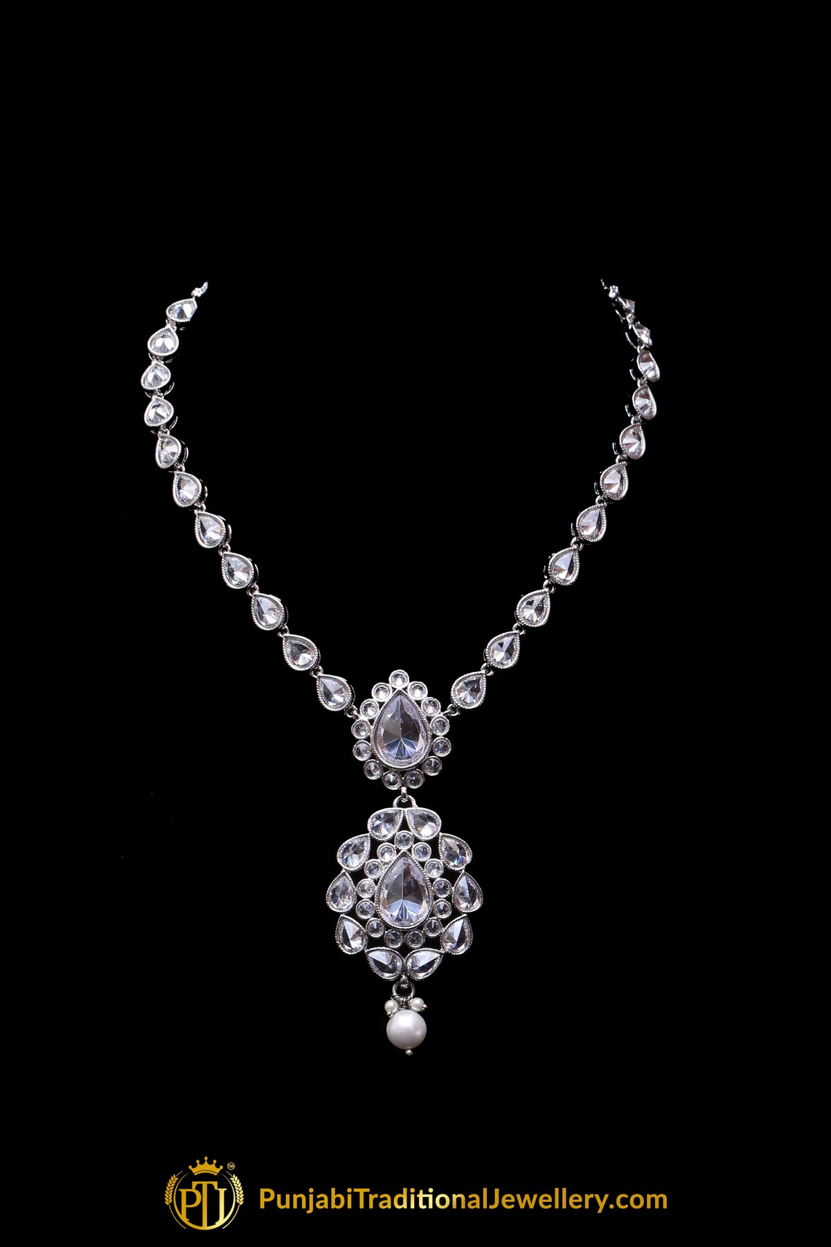 Silver Polki Pearl Necklace Set By Punjabi Traditional Jewellery