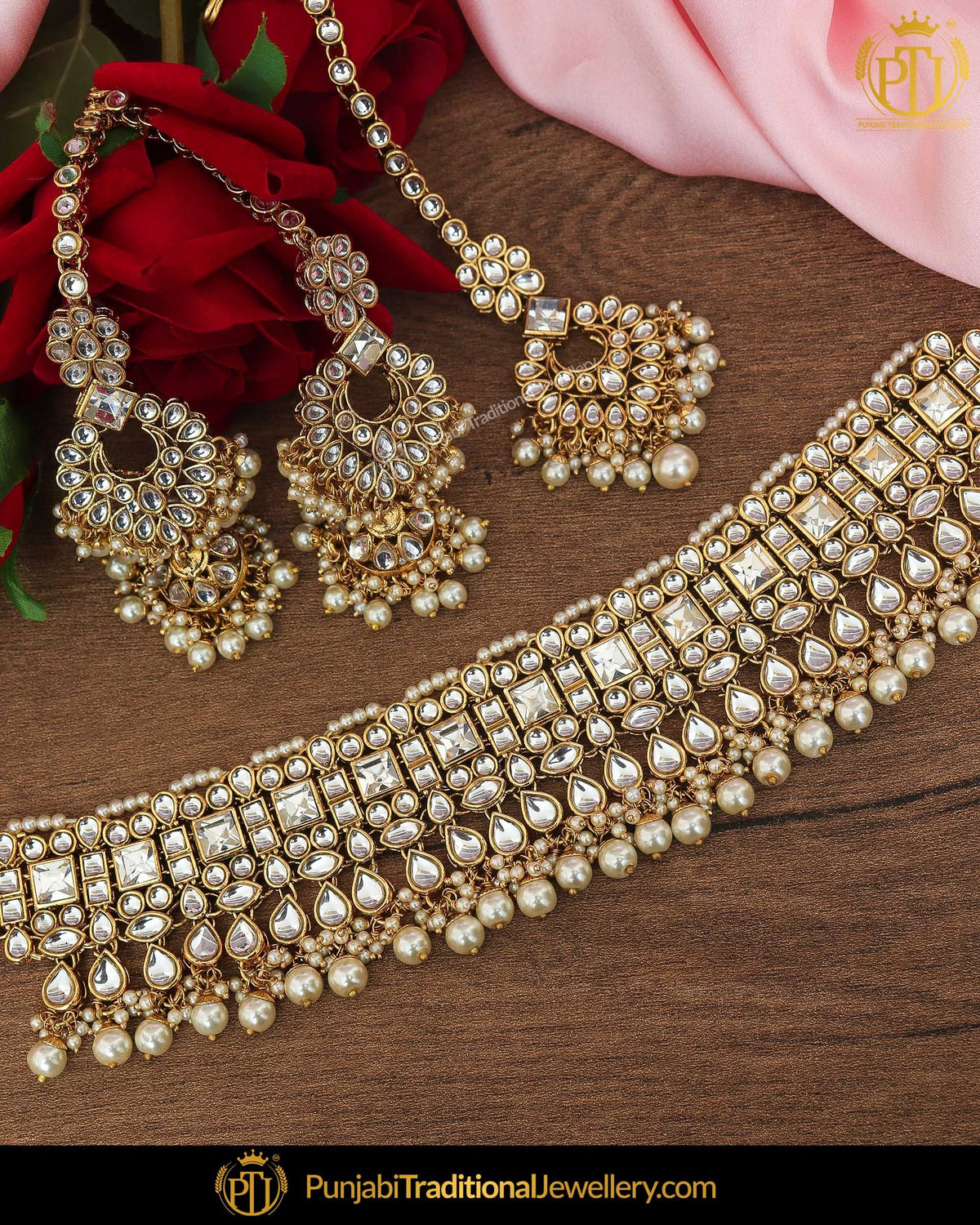 Gold Finished Kundan Pearl Choker Necklace & Sahare Earrings | Punjabi Traditional Jewellery Exclusive