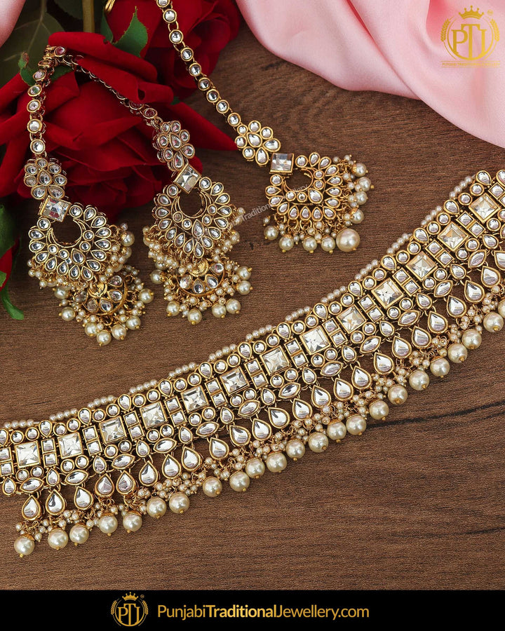 Gold Finished Kundan Pearl Choker Necklace & Sahare Earrings | Punjabi Traditional Jewellery Exclusive