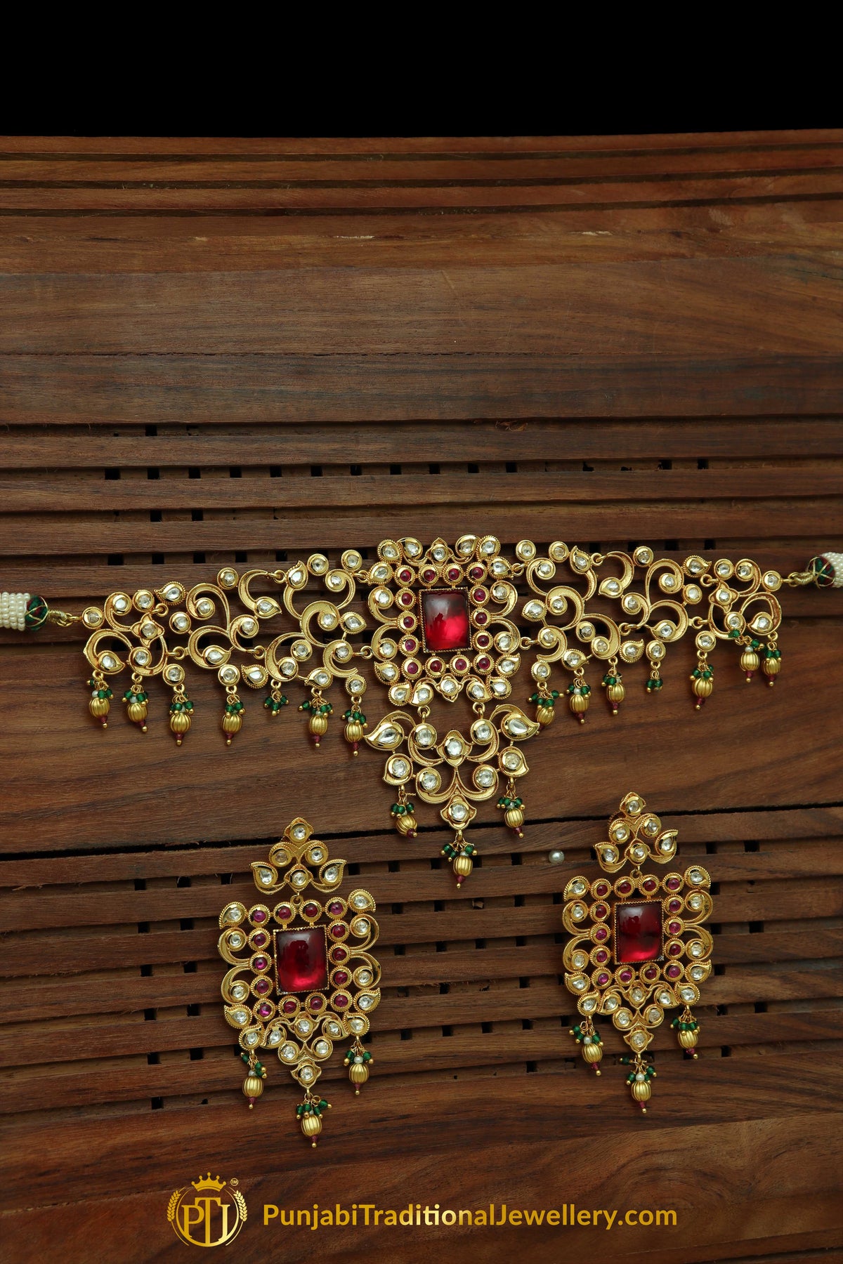 Matt Gold Green Red Polki Choker Necklace Set | Punjabi Traditional Jewellery Exclusive