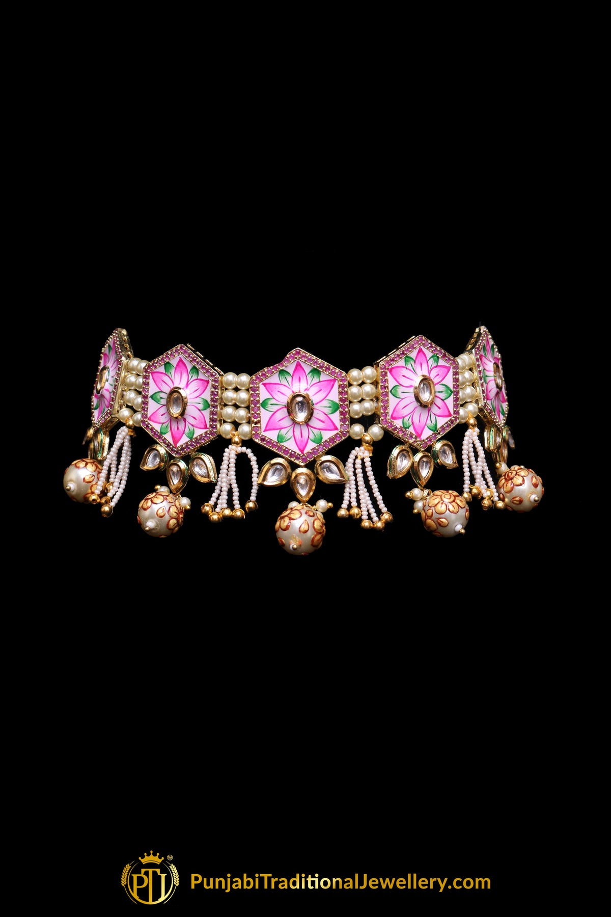 Pink Kundan Mala Meena Necklace Set By Punjabi Taditional Jewellery