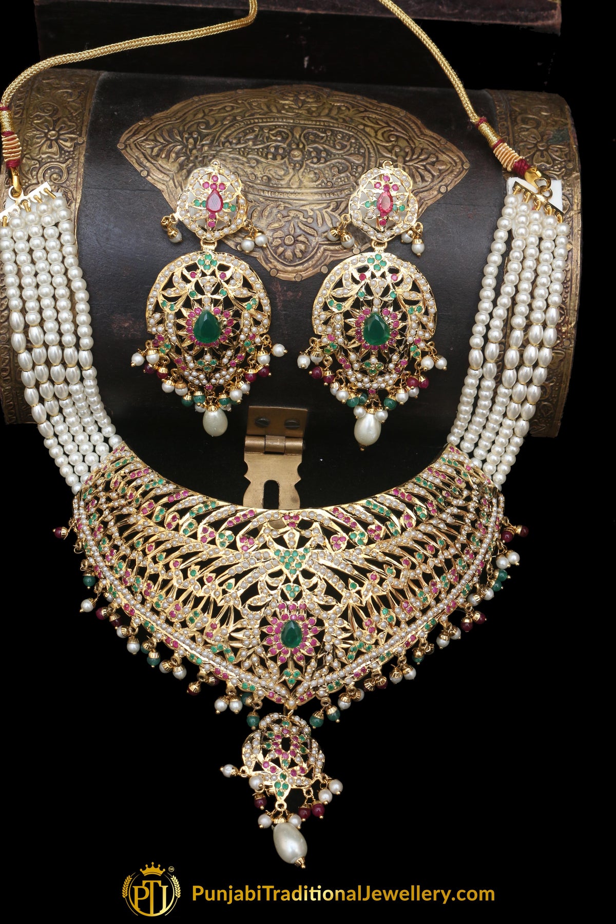 Jadau Multi Pearl Choker Necklace Set By Punjabi Traditional Jewellery