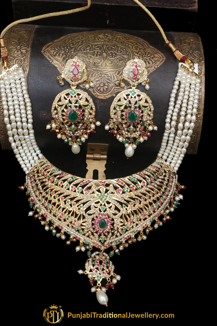 Jadau Multi Pearl Choker Necklace Set By Punjabi Traditional Jewellery