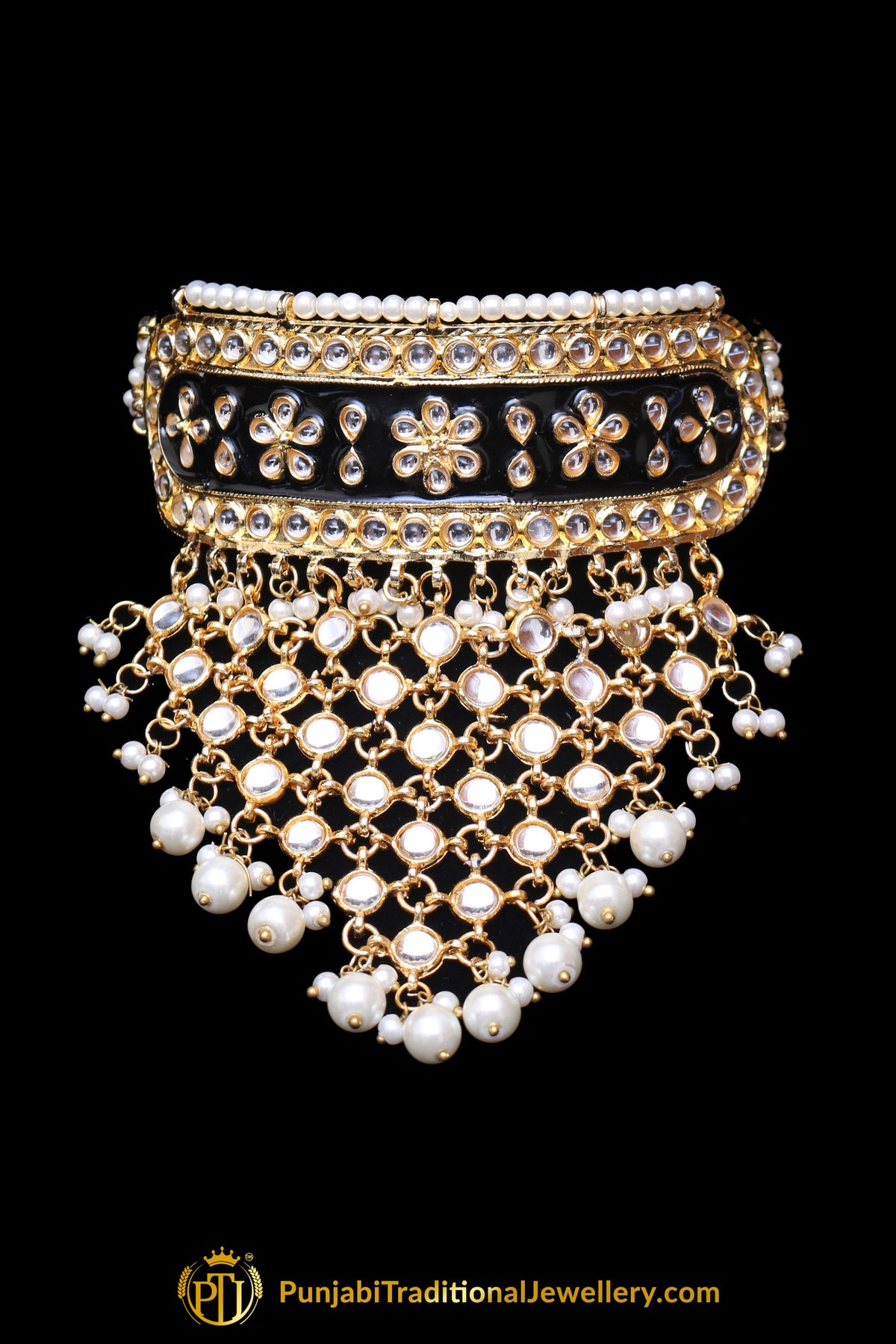 Blue Choker Pearl Kundan Meena Necklace Set By Punjabi Traditional Jewellery