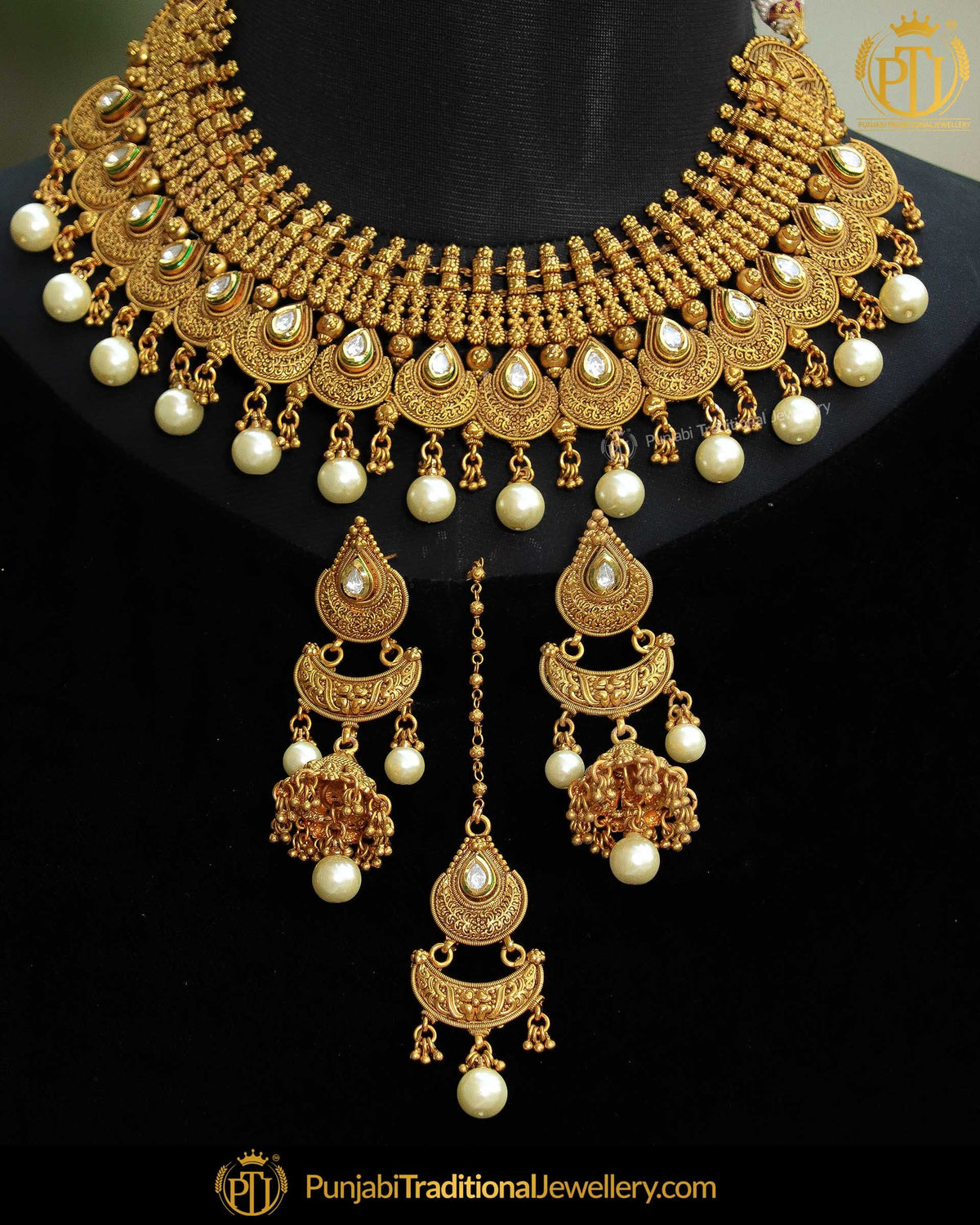 Antique Gold Finished Pearl Johda Necklace Set | Punjabi Traditional Jewellery Exclusive