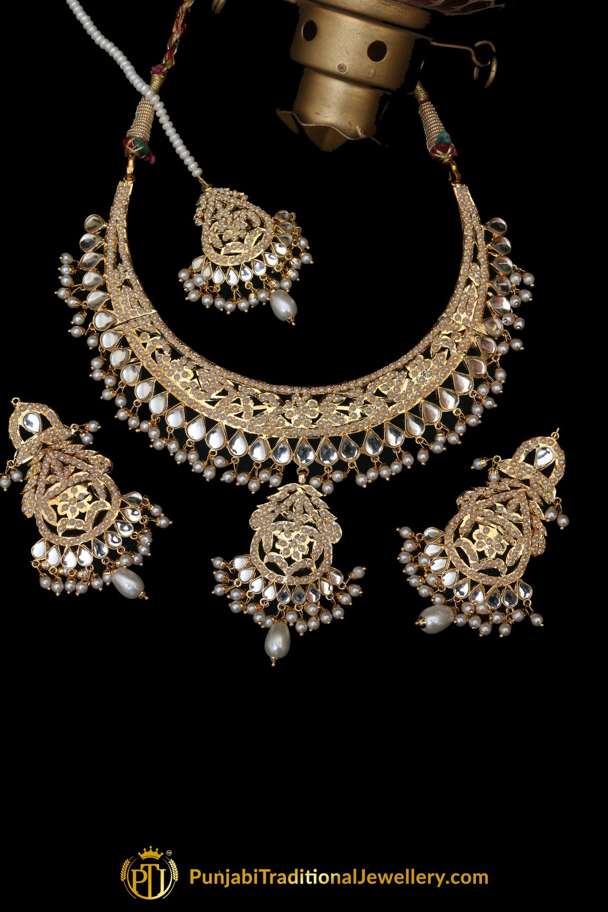 Golden Jadau Pearl Kundan Necklace Set By Punjabi Taditional Jewellery
