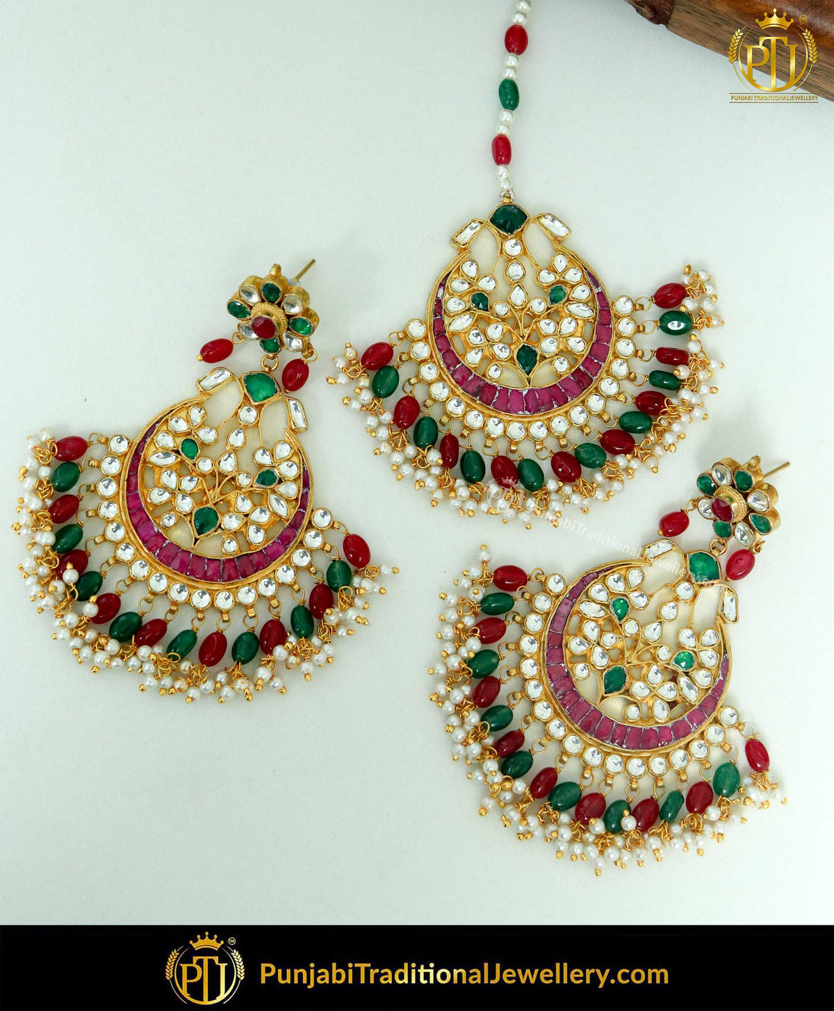 Gold Finished Rubby Panna Kundan Earrings & Tikka Set | Punjabi Traditional Jewellery Exclusive