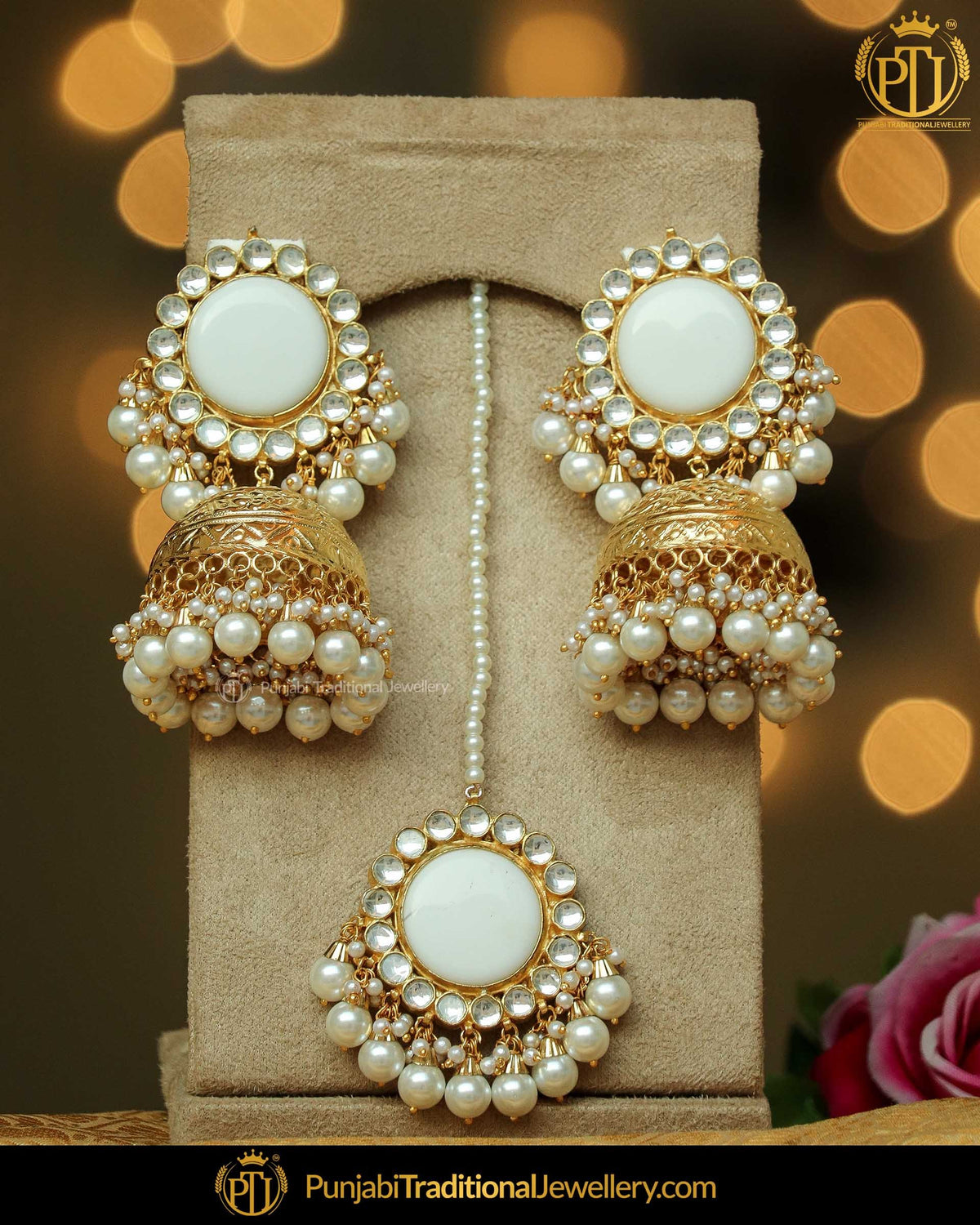 Gold Finished White Stud & Jhumki Pearl Kundan Earrings & Tikka Set | Punjabi Traditional Jewellery Exclusive