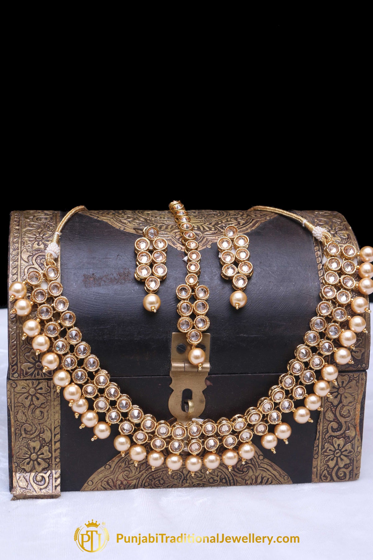 Pearl Champagne Stone Necklace Set By Punjabi Taditional Jewellery