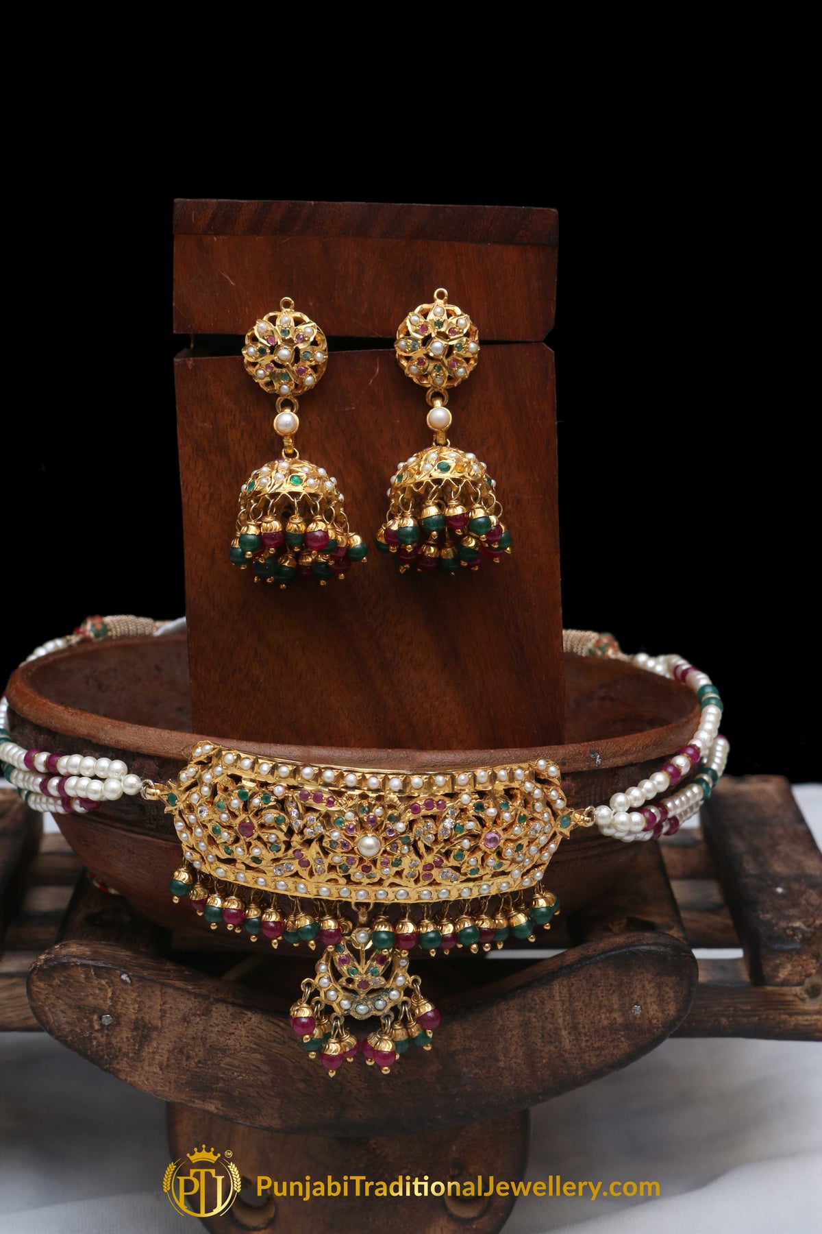 Multi Pearl Jadau Necklace Set By Punjabi Traditional Jewellery
