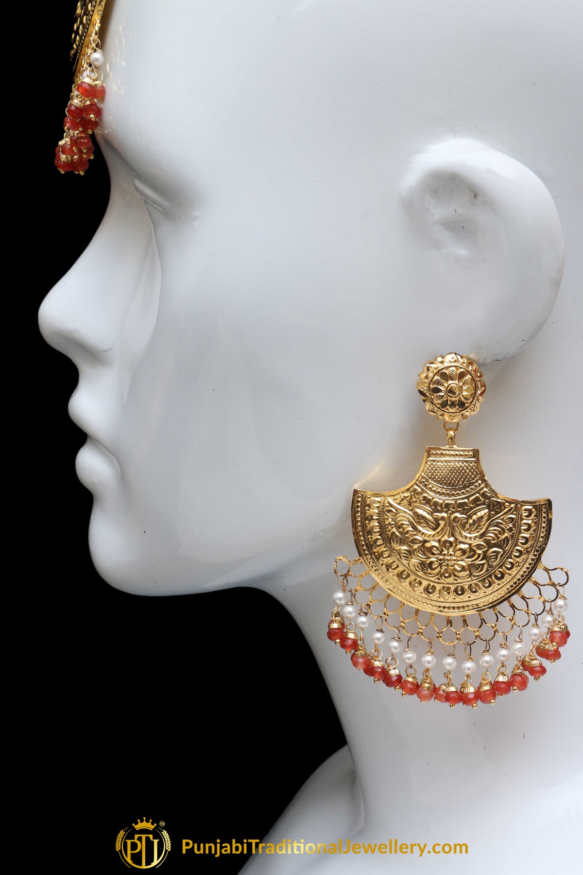 Aamira Gold Plated Orange Earring Tikka Set By Punjabi Traditional Jewellery